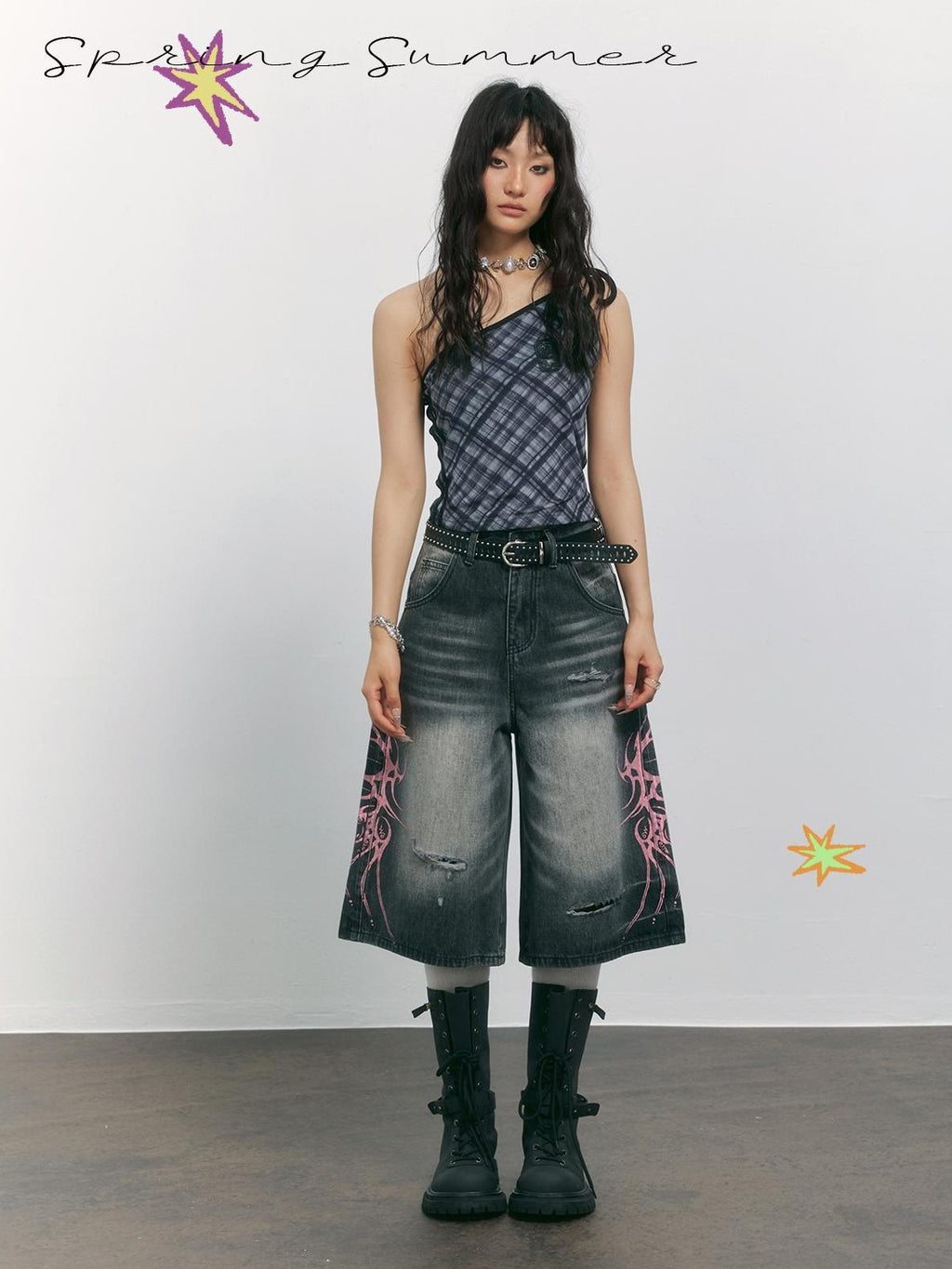 TOOOLAZY Smoky Gray Vintage Wash Distressed Print Women's Cotton Blend Wide-leg Jeans