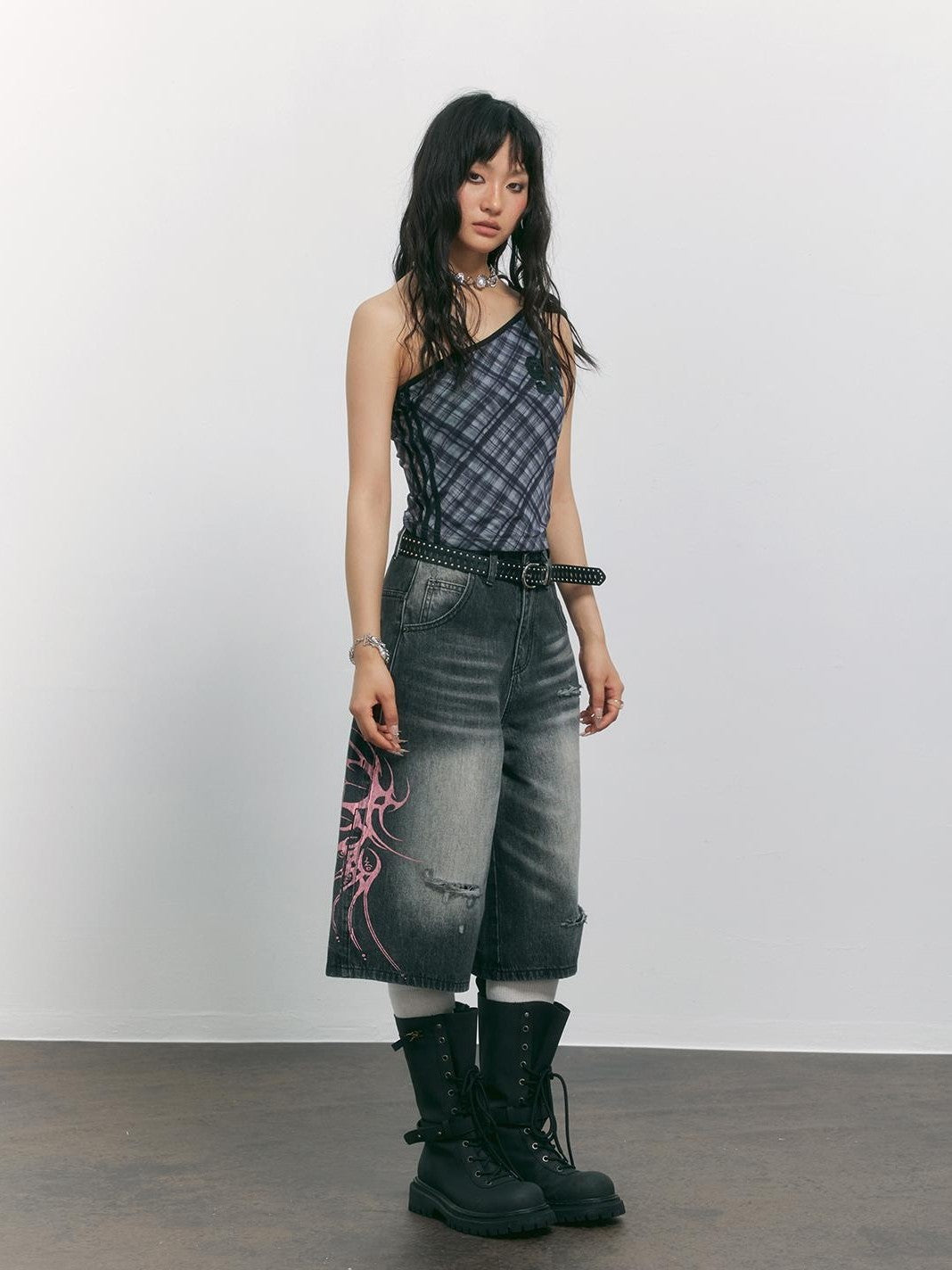 TOOOLAZY Smoky Gray Vintage Wash Distressed Print Women's Cotton Blend Wide-leg Jeans