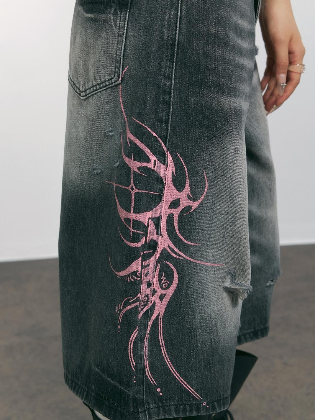 TOOOLAZY Smoky Gray Vintage Wash Distressed Print Women's Cotton Blend Wide-leg Jeans