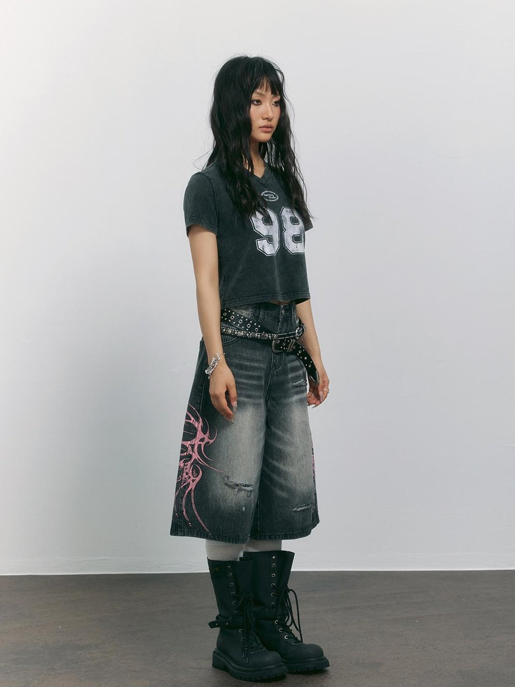 TOOOLAZY Smoky Gray Vintage Wash Distressed Print Women's Cotton Blend Wide-leg Jeans