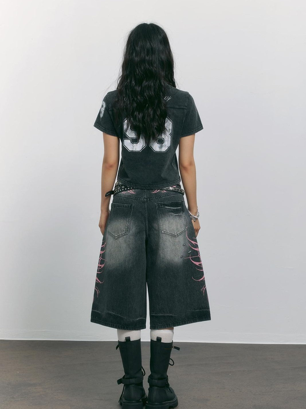 TOOOLAZY Smoky Gray Vintage Wash Distressed Print Women's Cotton Blend Wide-leg Jeans