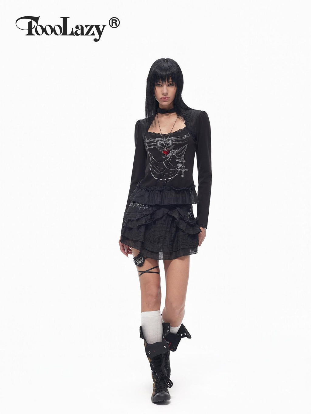 TOOOLAZY Square Neck Necklace Print Lace Ruffle Hem Women's Long Sleeve T-shirts