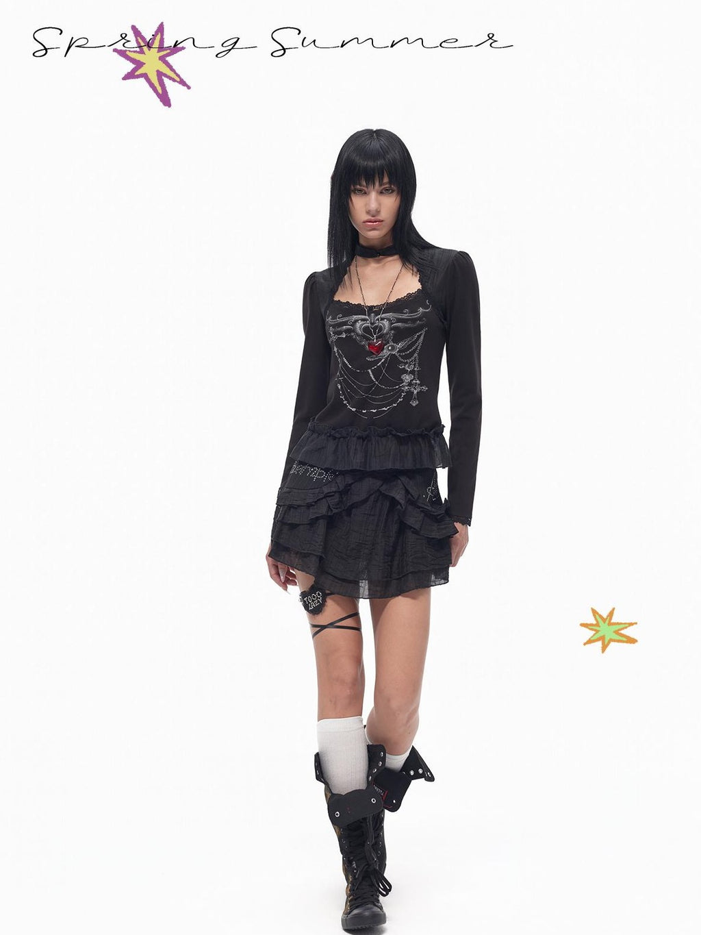 TOOOLAZY Square Neck Necklace Print Lace Ruffle Hem Women's Long Sleeve T-shirts