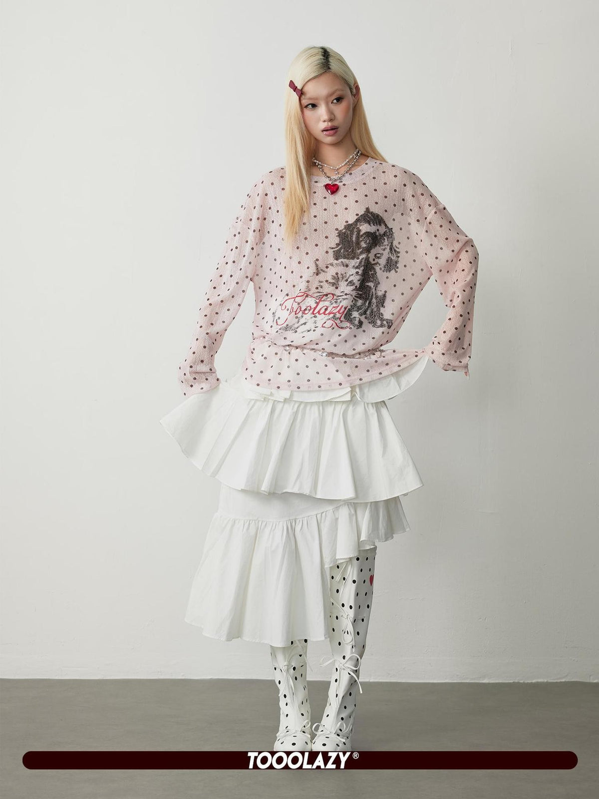 TOOOLAZY Street Retro Polka Dot Puppy Loose Women's Mesh Long Sleeve T-shirts