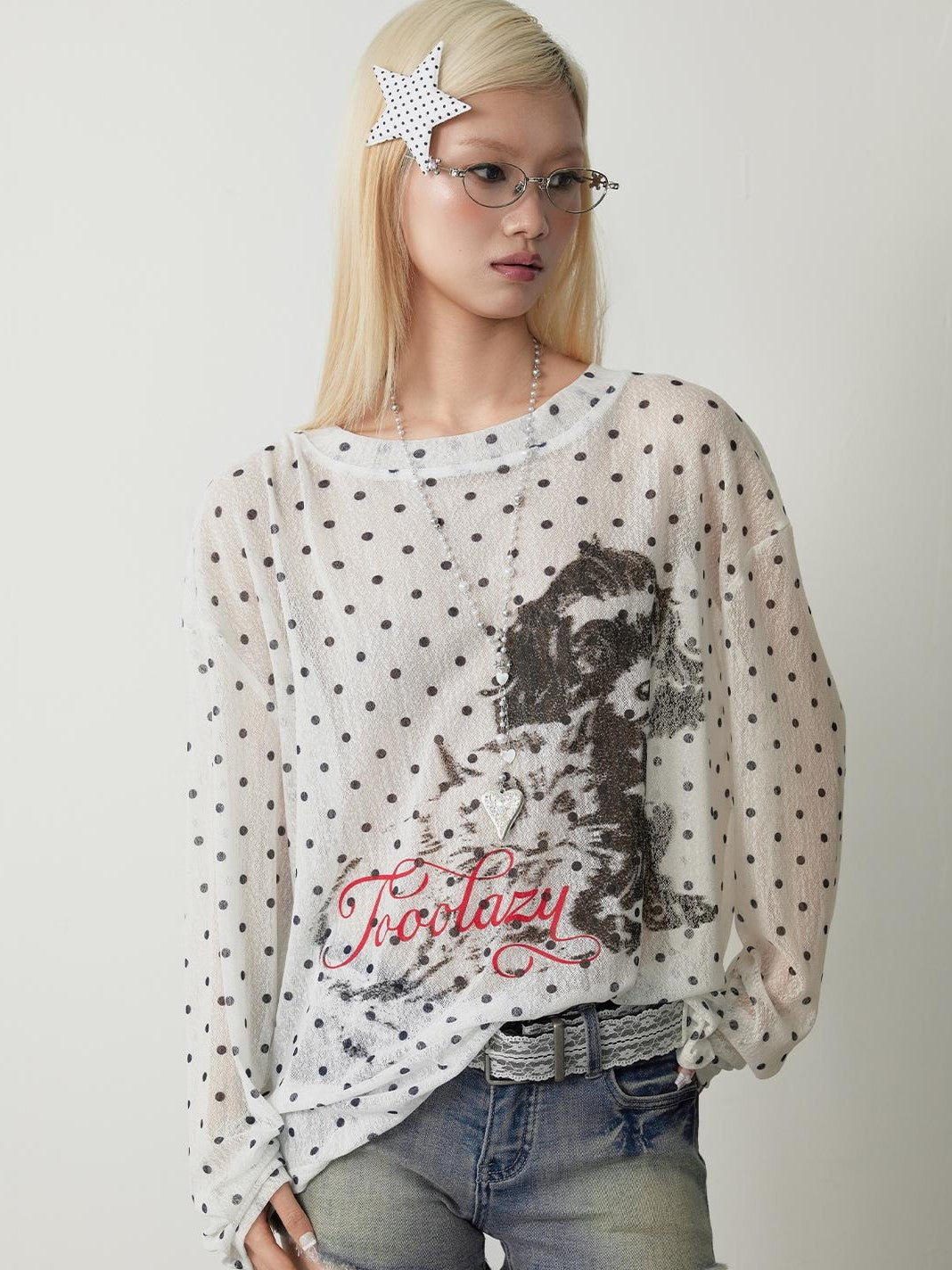 TOOOLAZY Street Retro Polka Dot Puppy Loose Women's Mesh Long Sleeve T-shirts