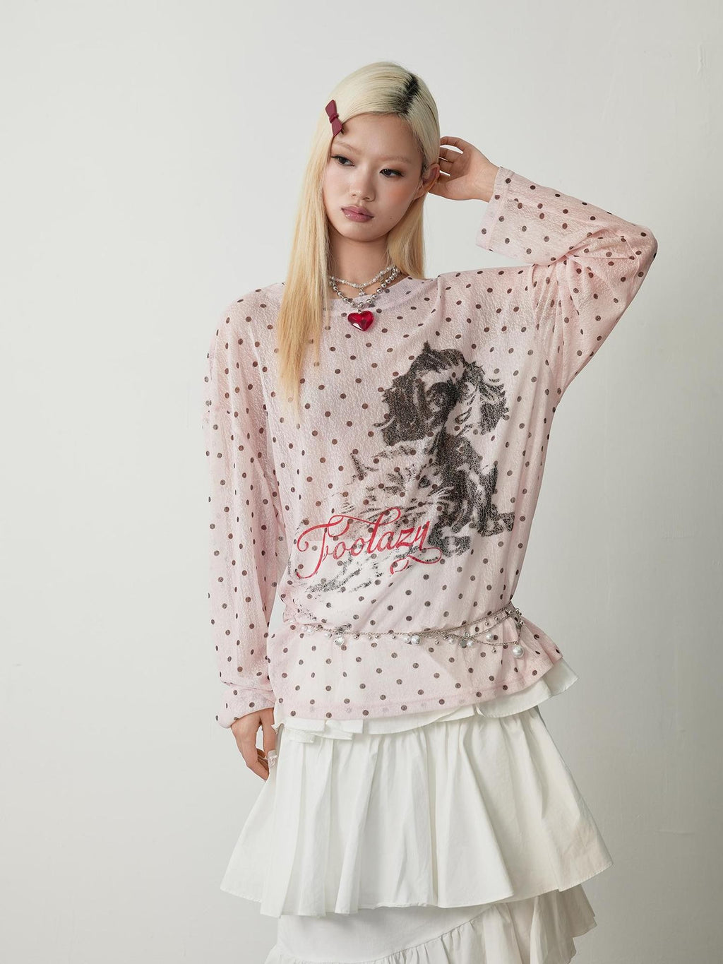TOOOLAZY Street Retro Polka Dot Puppy Loose Women's Mesh Long Sleeve T-shirts