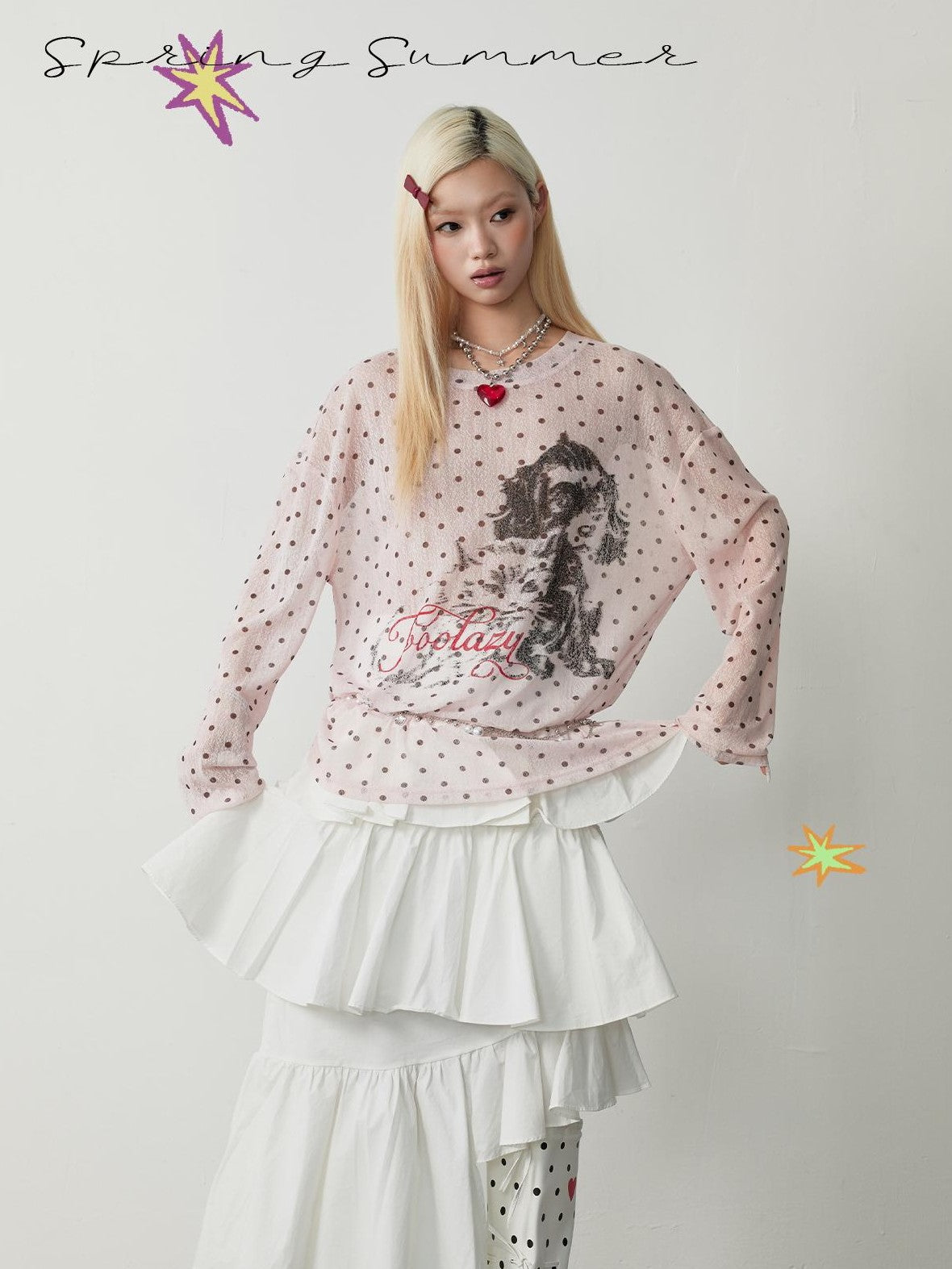 TOOOLAZY Street Retro Polka Dot Puppy Loose Women's Mesh Long Sleeve T-shirts