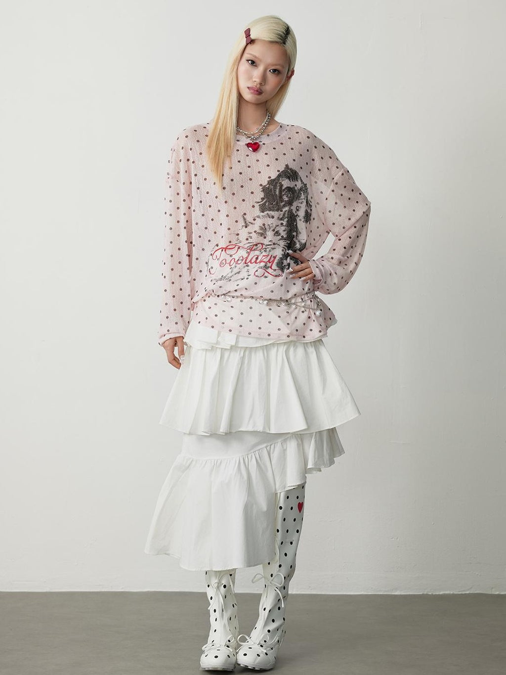 TOOOLAZY Street Retro Polka Dot Puppy Loose Women's Mesh Long Sleeve T-shirts
