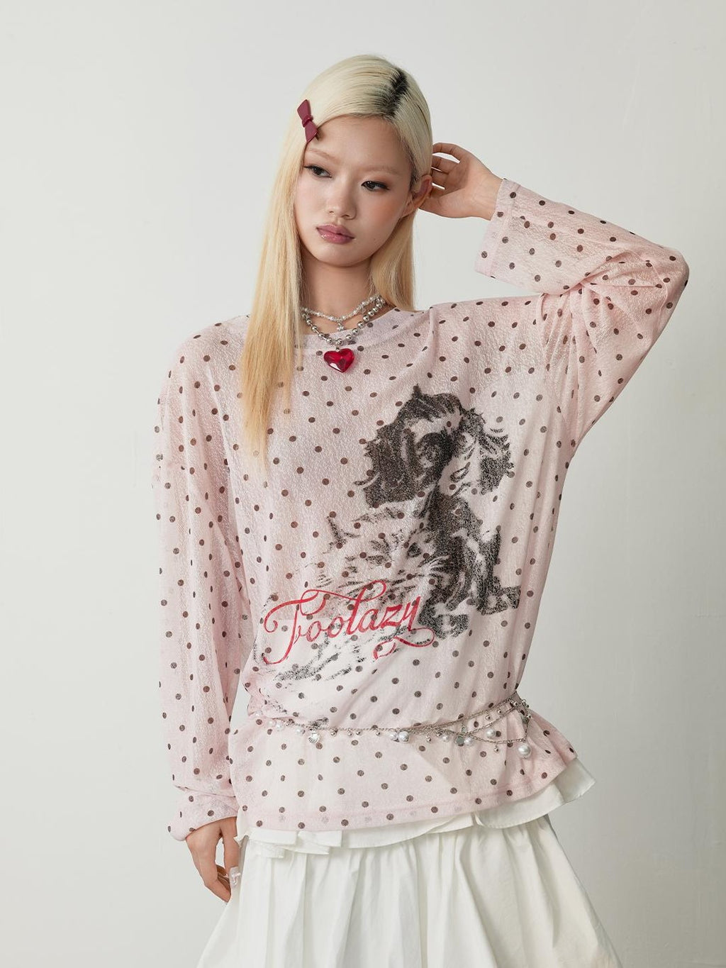 TOOOLAZY Street Retro Polka Dot Puppy Loose Women's Mesh Long Sleeve T-shirts