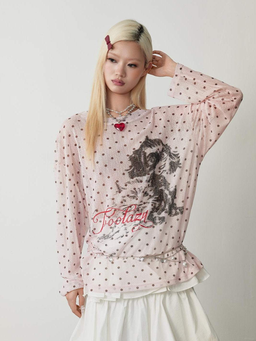 TOOOLAZY Street Retro Polka Dot Puppy Loose Women's Mesh Long Sleeve T-shirts