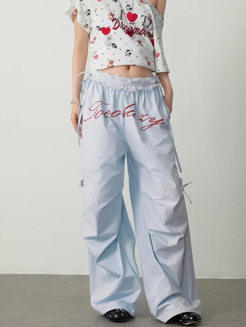 TOOOLAZY Sweet Cool Letter Print Parachute Straight Hem Women's Cotton Wide-leg Pants