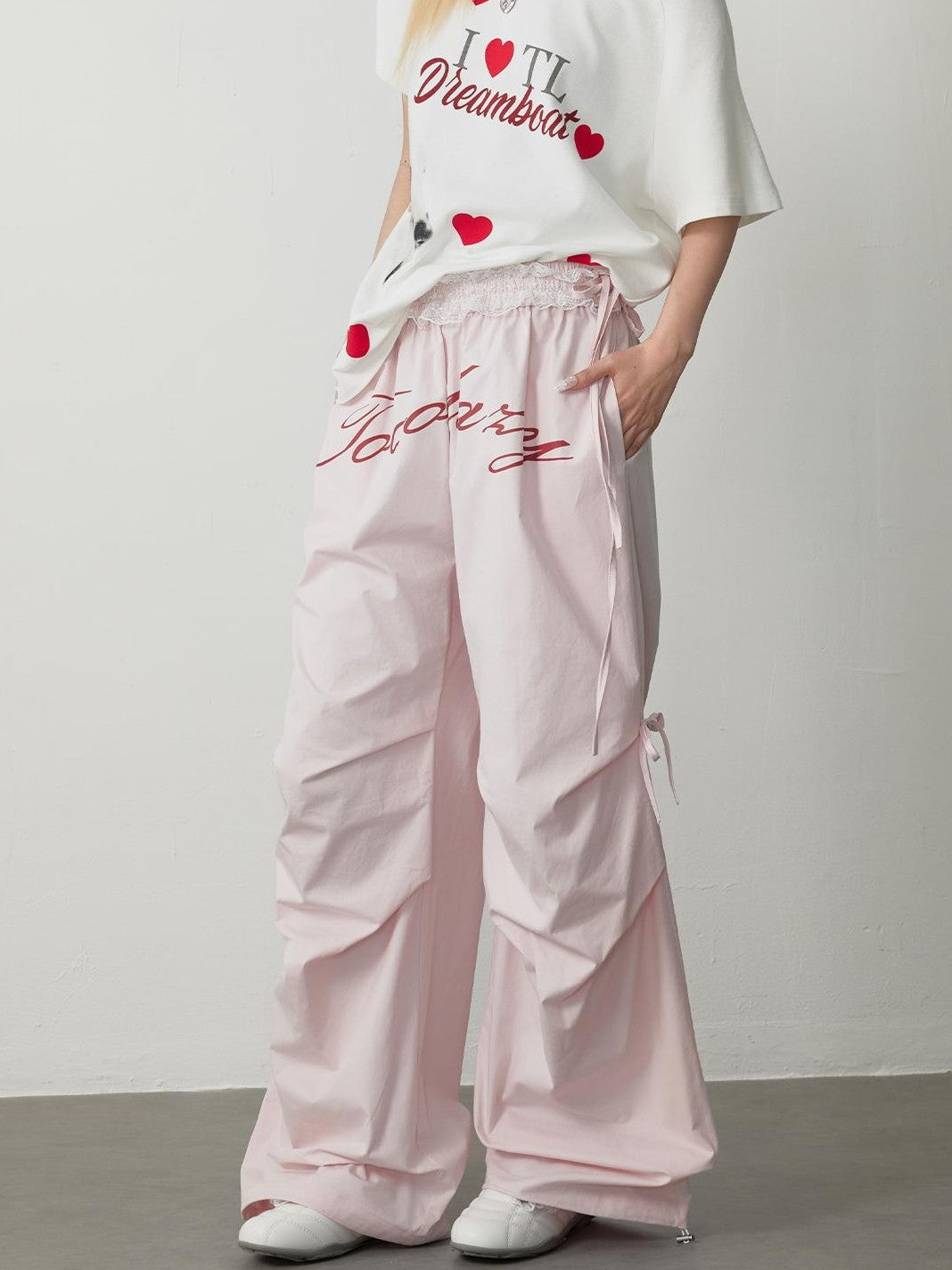 TOOOLAZY Sweet Cool Letter Print Parachute Straight Hem Women's Cotton Wide-leg Pants