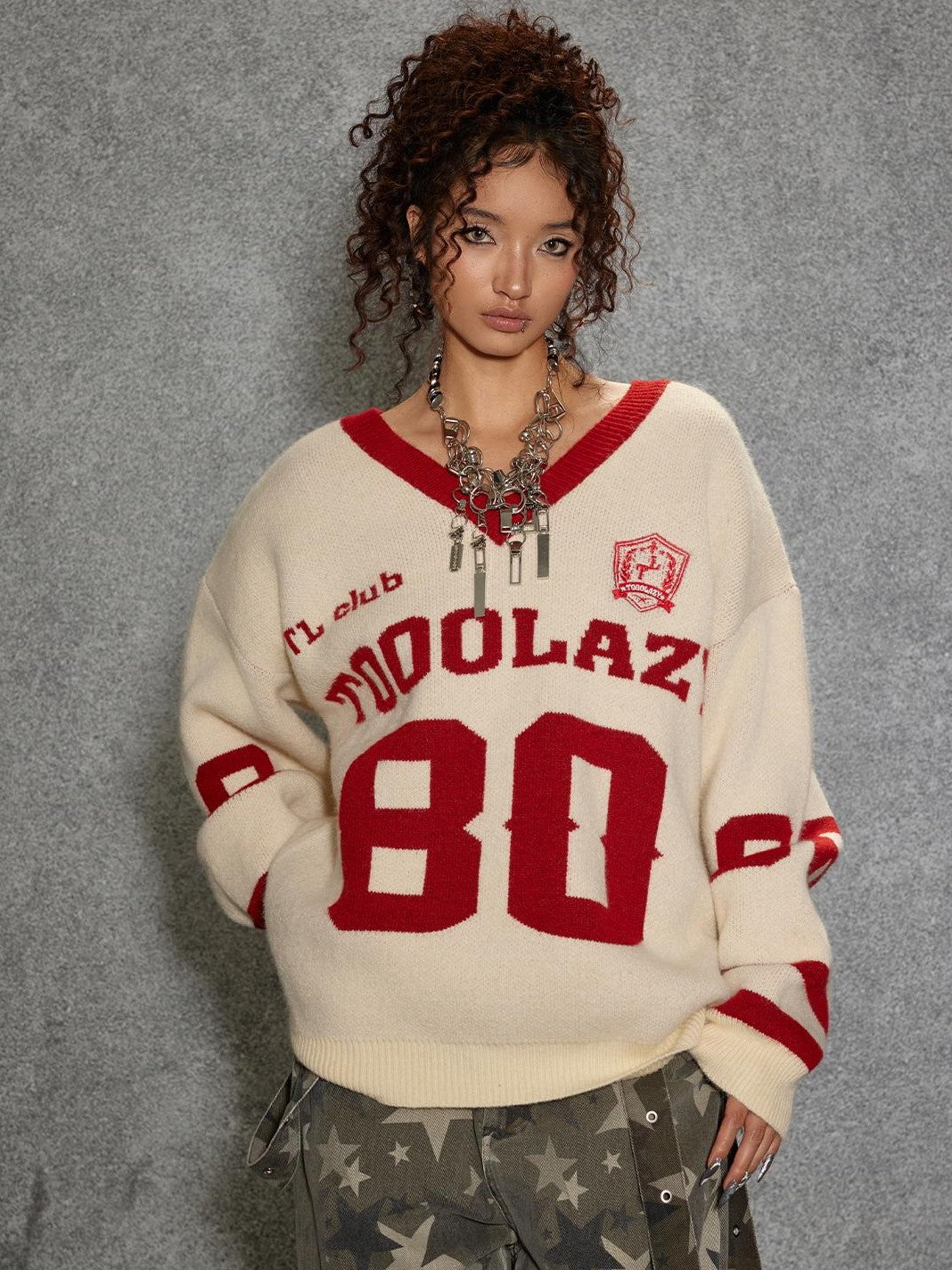 TOOOLAZY V-neck Striped Knit Long Sleeve Jersey Women's Nylon Polyester Blend Sweaters