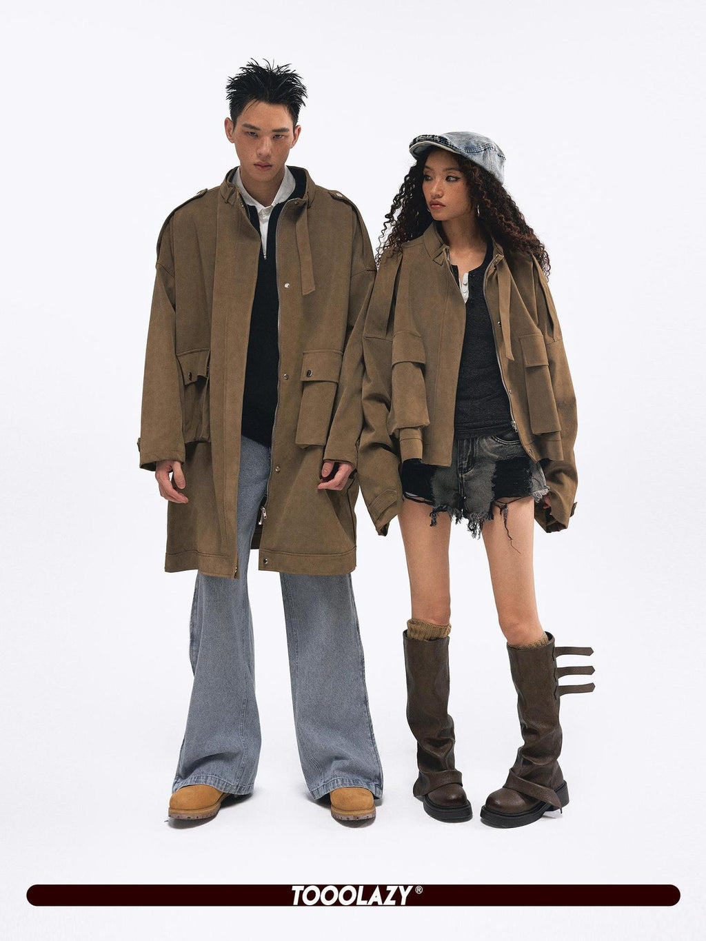 TOOOLAZY Vintage Belted Loose Mid Length Double Collar Zipper Solid Women's Trench Coats