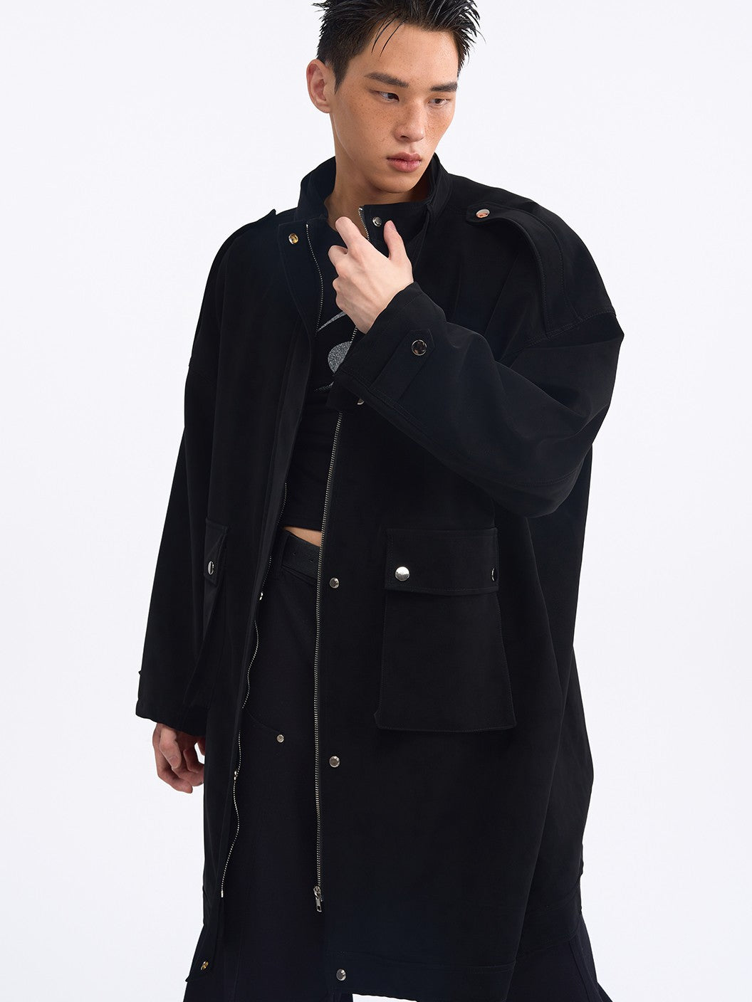 TOOOLAZY Vintage Belted Loose Mid Length Double Collar Zipper Solid Women's Trench Coats
