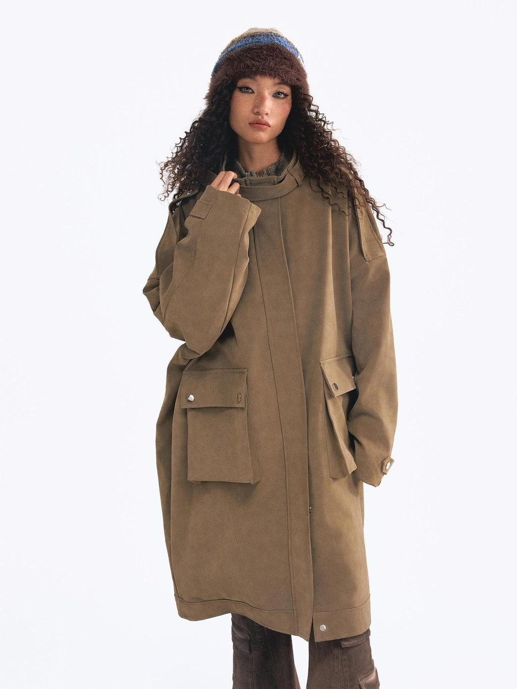 TOOOLAZY Vintage Belted Loose Mid Length Double Collar Zipper Solid Women's Trench Coats