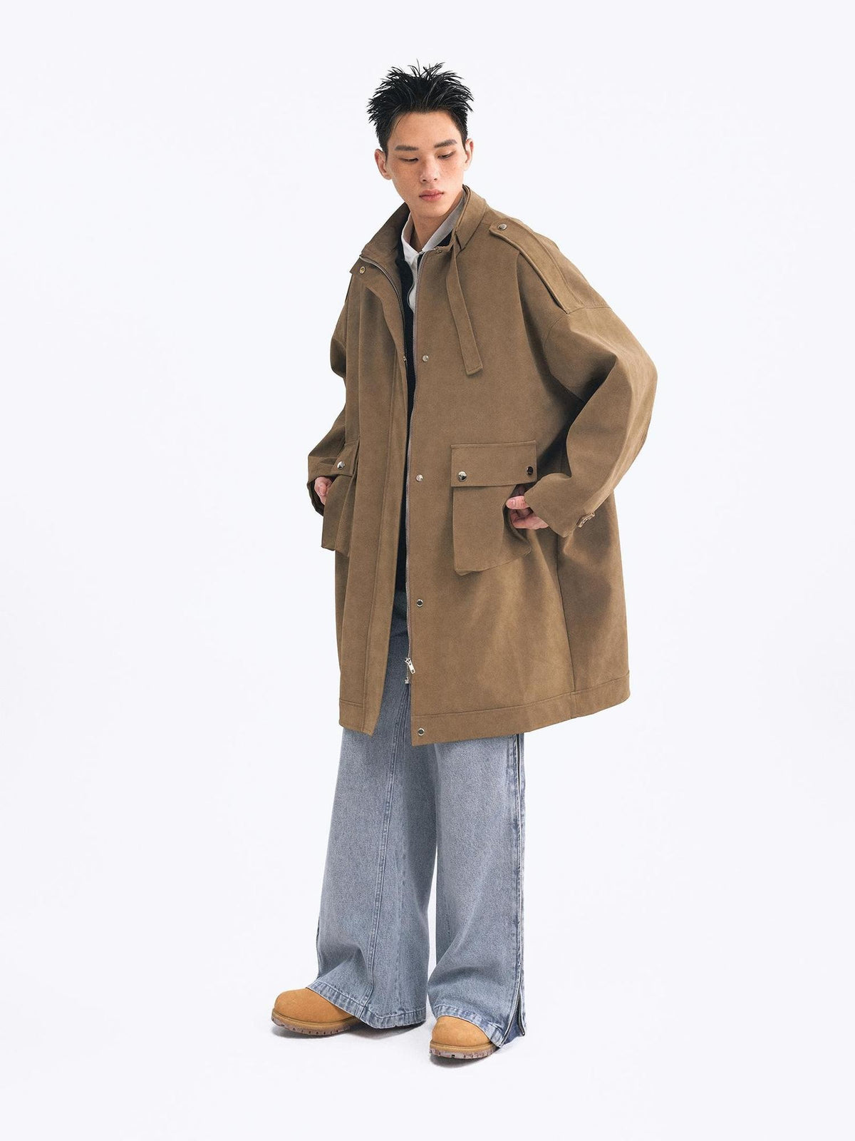 TOOOLAZY Vintage Belted Loose Mid Length Double Collar Zipper Solid Women's Trench Coats