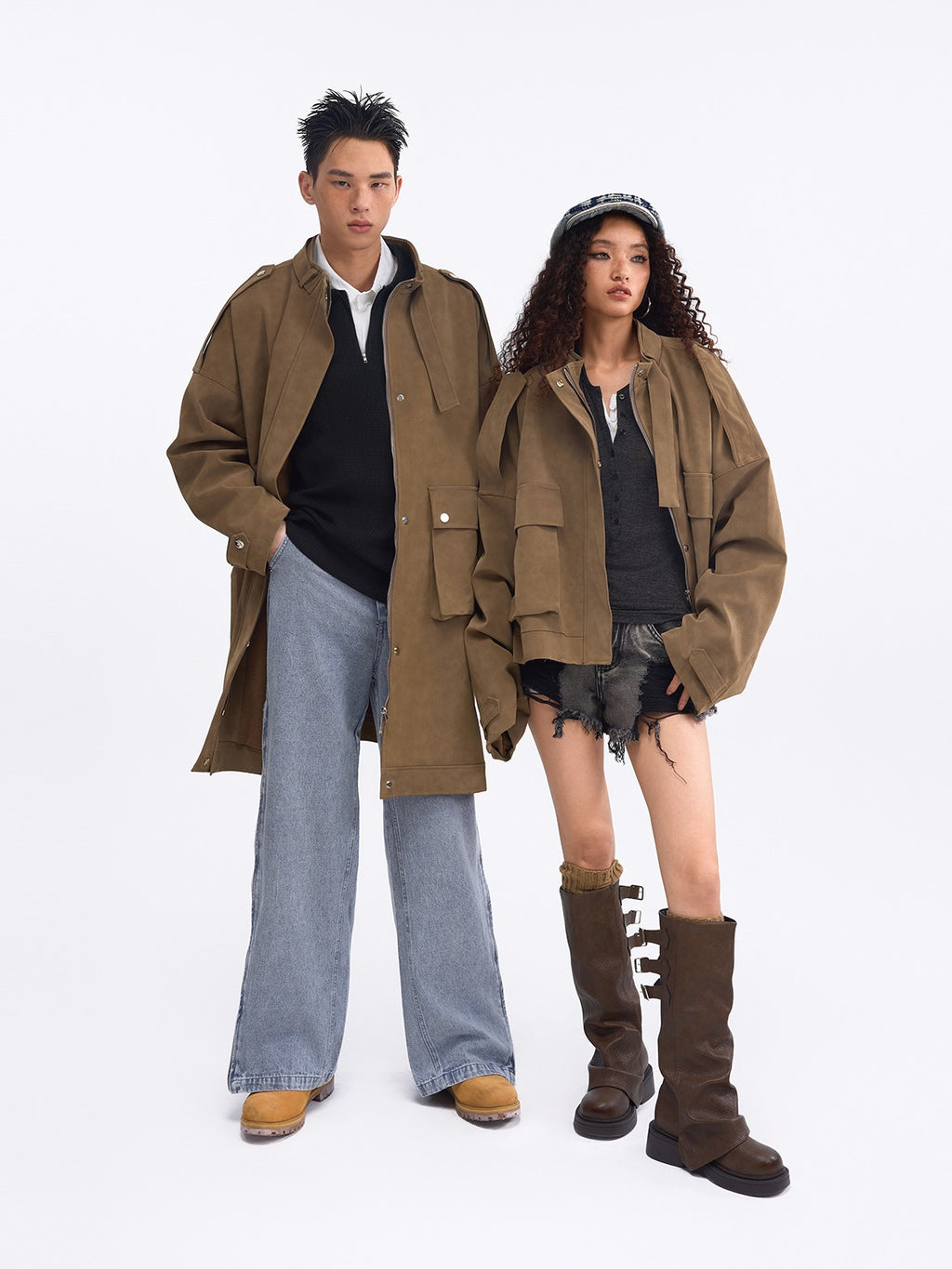 TOOOLAZY Vintage Belted Loose Mid Length Double Collar Zipper Solid Women's Trench Coats