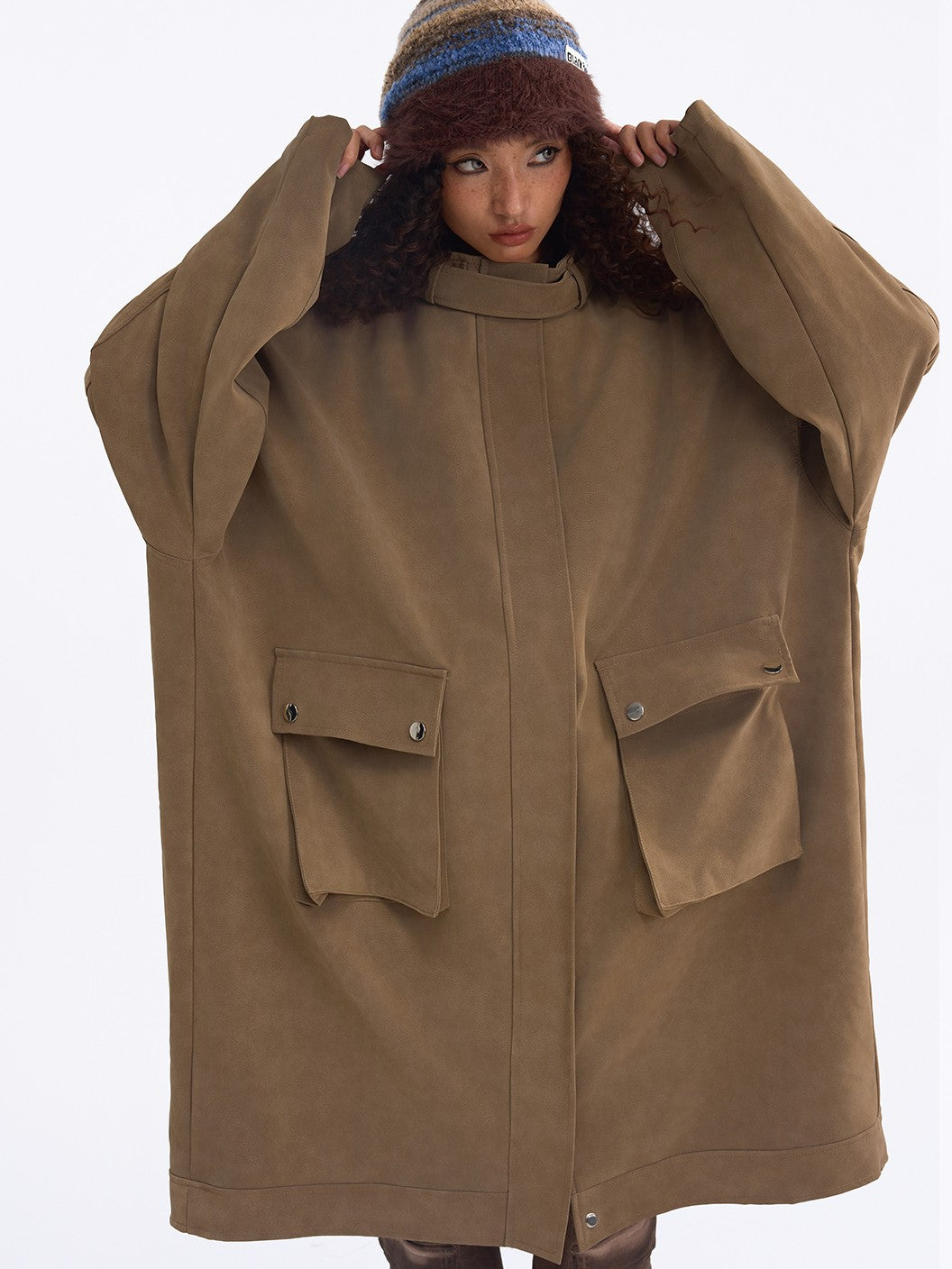 TOOOLAZY Vintage Belted Loose Mid Length Double Collar Zipper Solid Women's Trench Coats