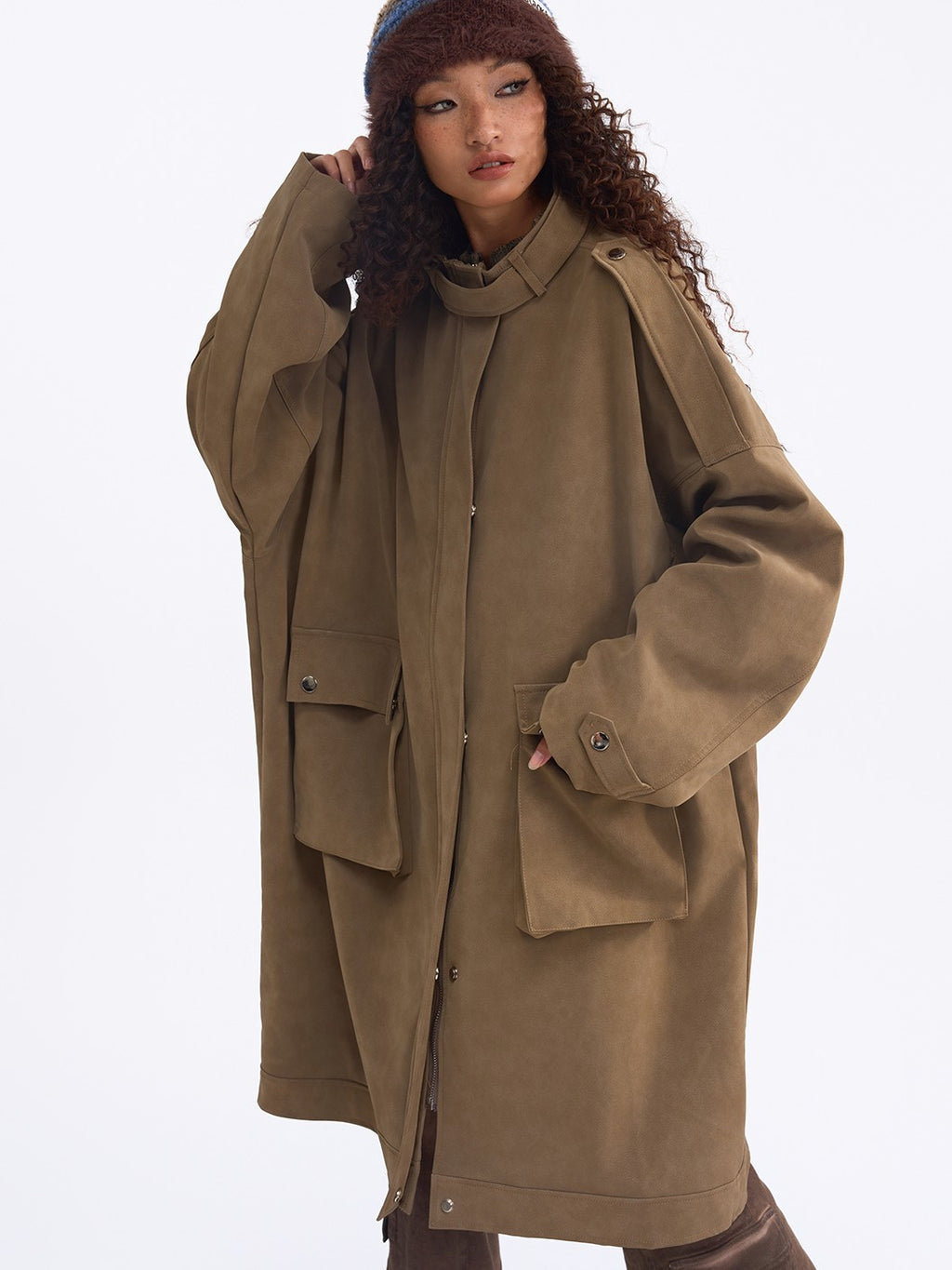 TOOOLAZY Vintage Belted Loose Mid Length Double Collar Zipper Solid Women's Trench Coats
