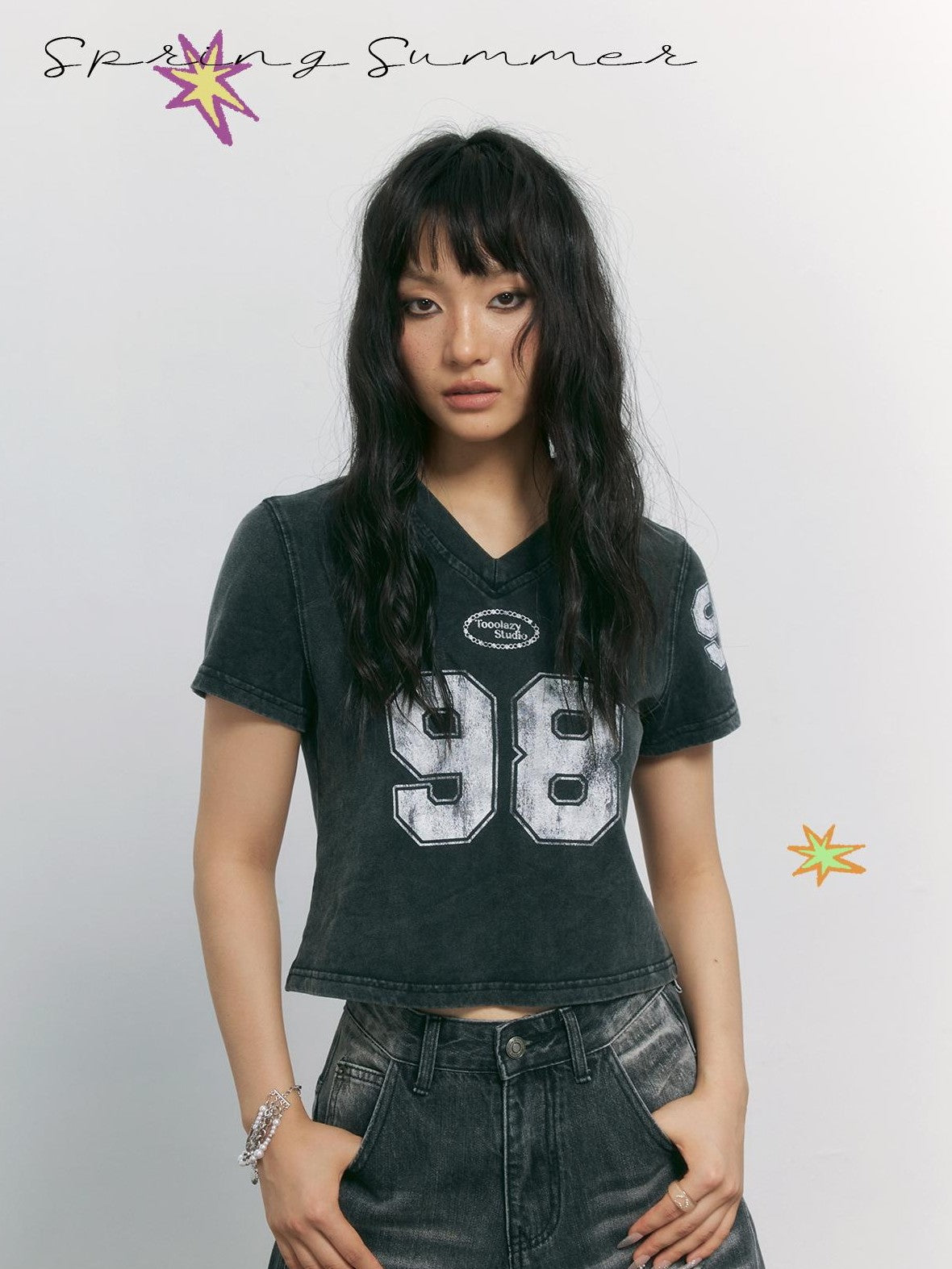 TOOOLAZY Vintage Distressed Number Print V-neck Short Sleeve Women's Cotton Crop Tops