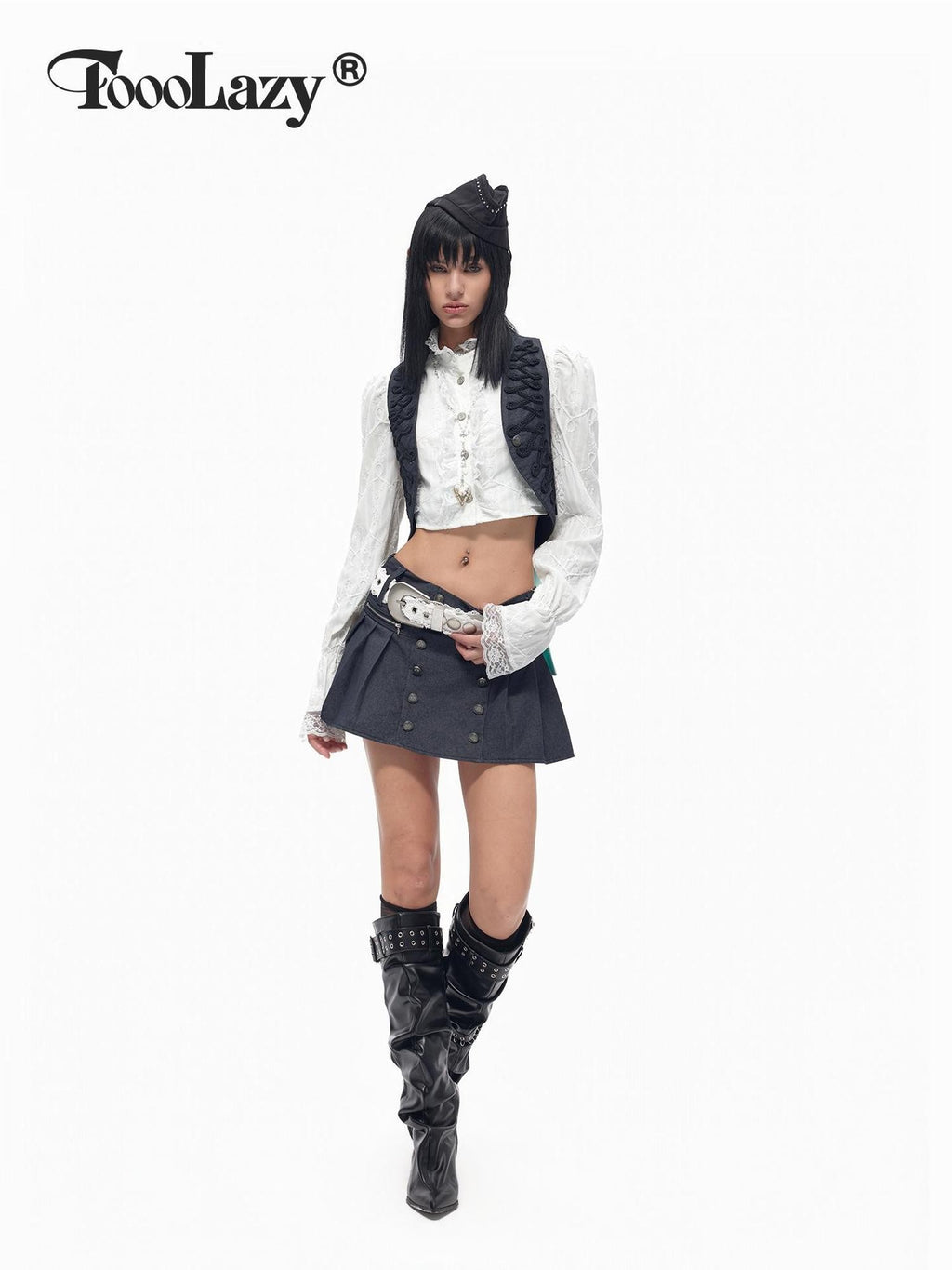 TOOOLAZY Vintage Double Button High Waist Utility Women's Cotton Blend Pleated Skirts