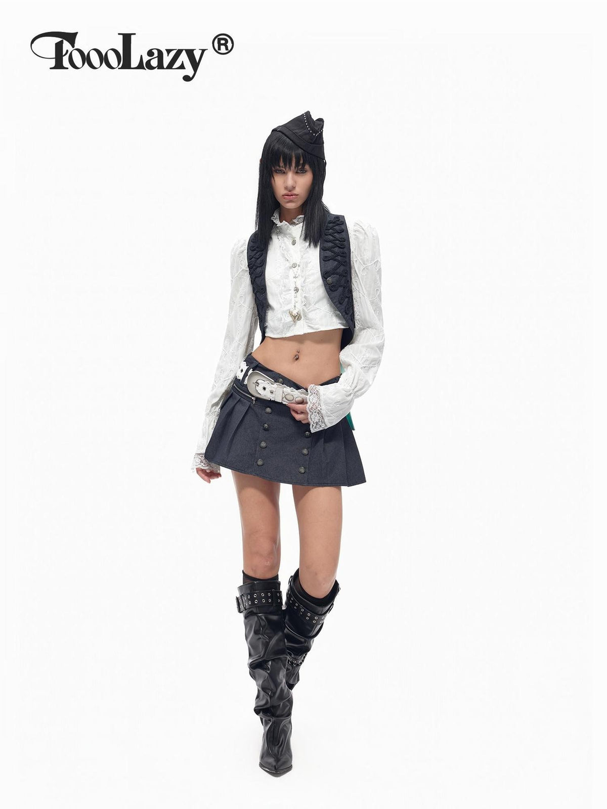 TOOOLAZY Vintage Double Button High Waist Utility Women's Cotton Blend Pleated Skirts