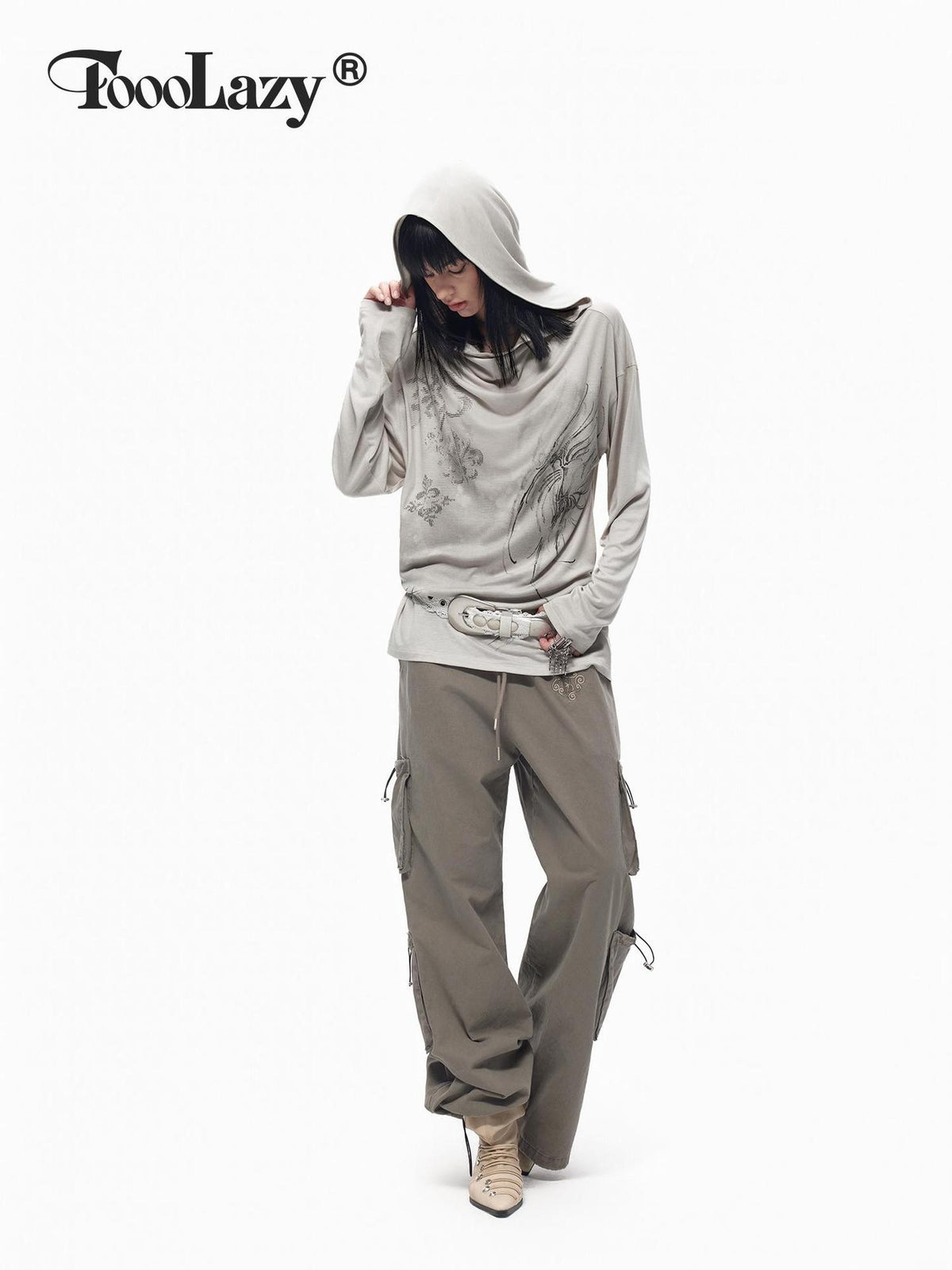 TOOOLAZY Vintage Embroidered Multi Pocket Side Drawstring Women's Cotton Cargo Pants