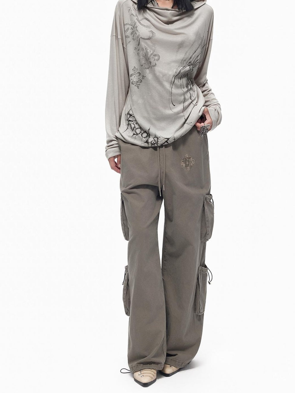 TOOOLAZY Vintage Embroidered Multi Pocket Side Drawstring Women's Cotton Cargo Pants