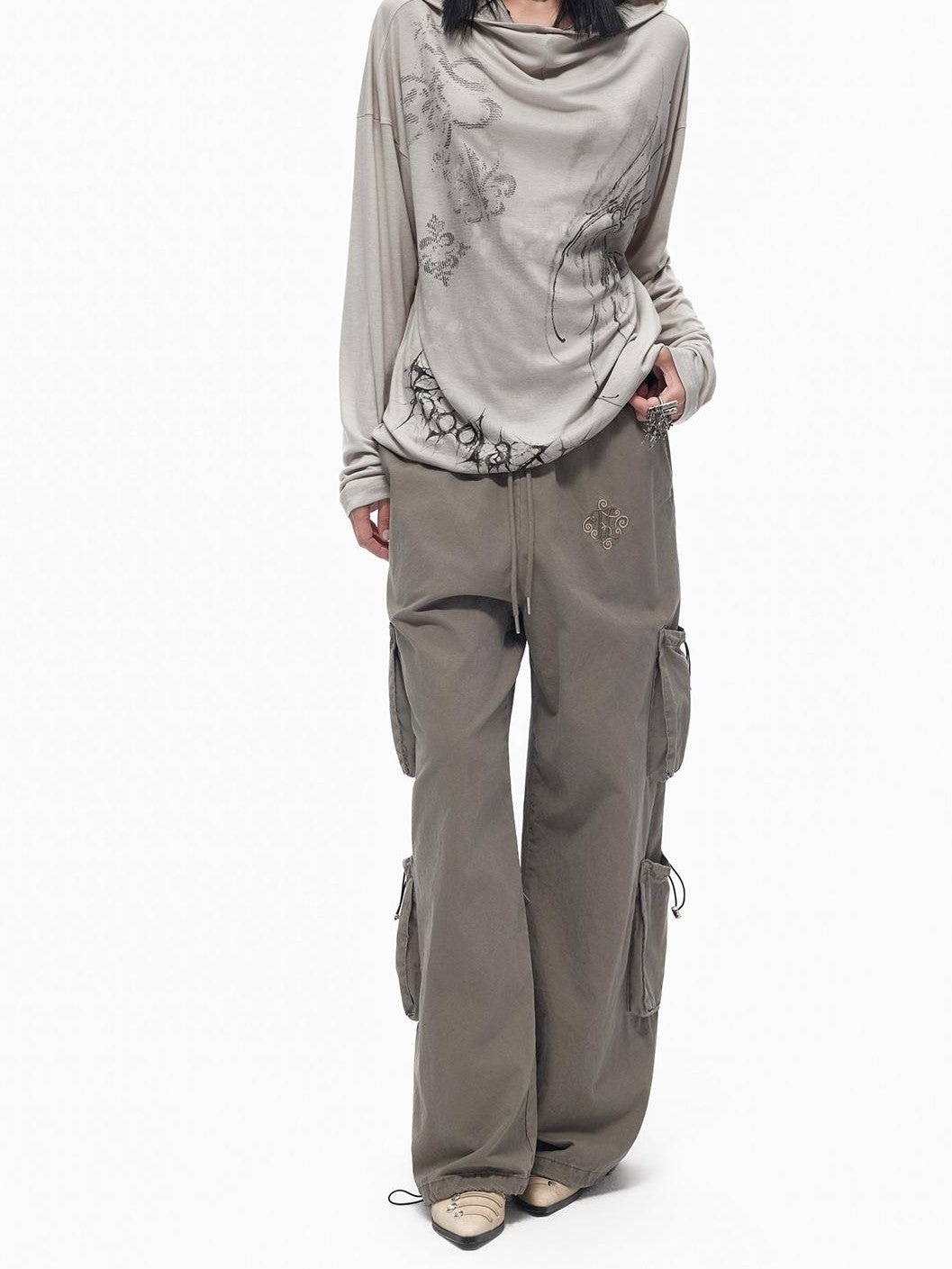 TOOOLAZY Vintage Embroidered Multi Pocket Side Drawstring Women's Cotton Cargo Pants