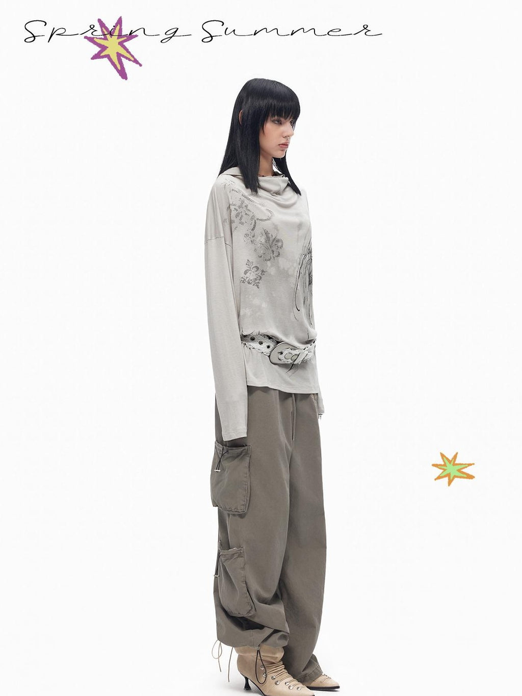 TOOOLAZY Vintage Embroidered Multi Pocket Side Drawstring Women's Cotton Cargo Pants
