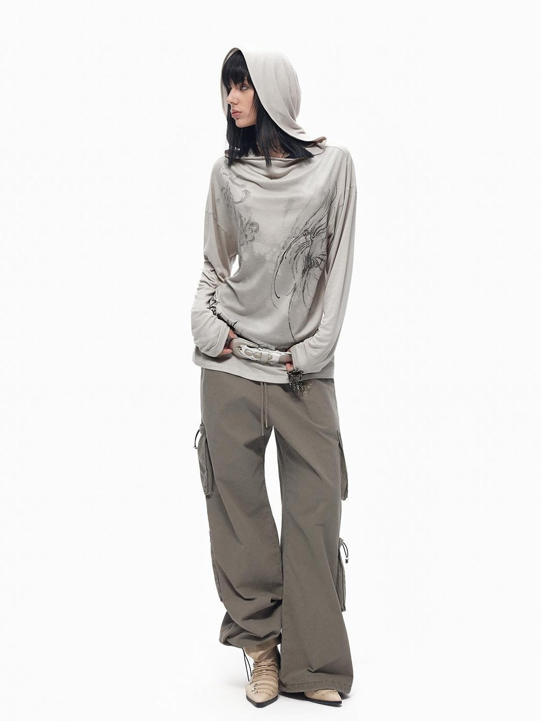 TOOOLAZY Vintage Embroidered Multi Pocket Side Drawstring Women's Cotton Cargo Pants