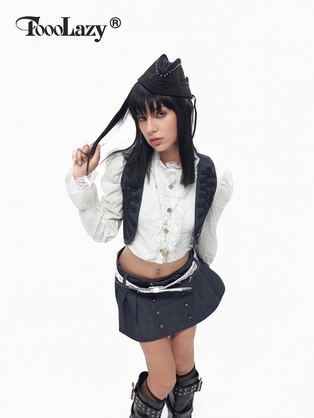 TOOOLAZY Vintage Frog Buttons Bow Court Sleeves Women's Lace Cropped Shirts