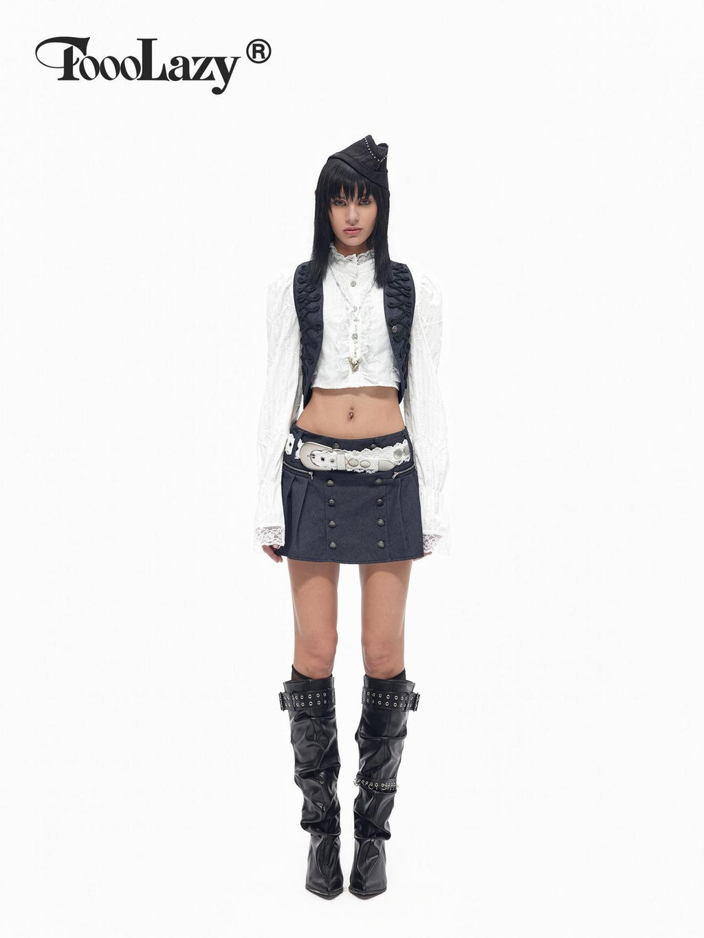 TOOOLAZY Vintage Frog Buttons Bow Court Sleeves Women's Lace Cropped Shirts