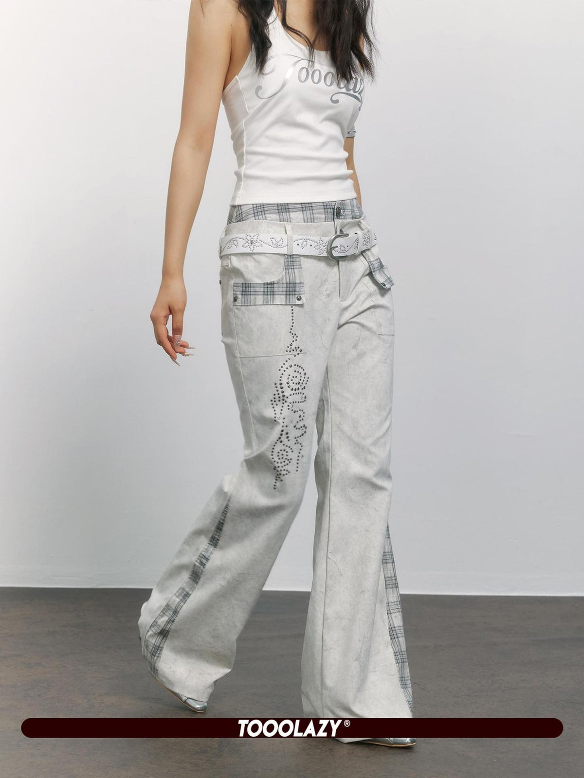 TOOOLAZY Vintage Plaid Patchwork Rivet Micro Flare Women's Polyester Bootcut Jeans