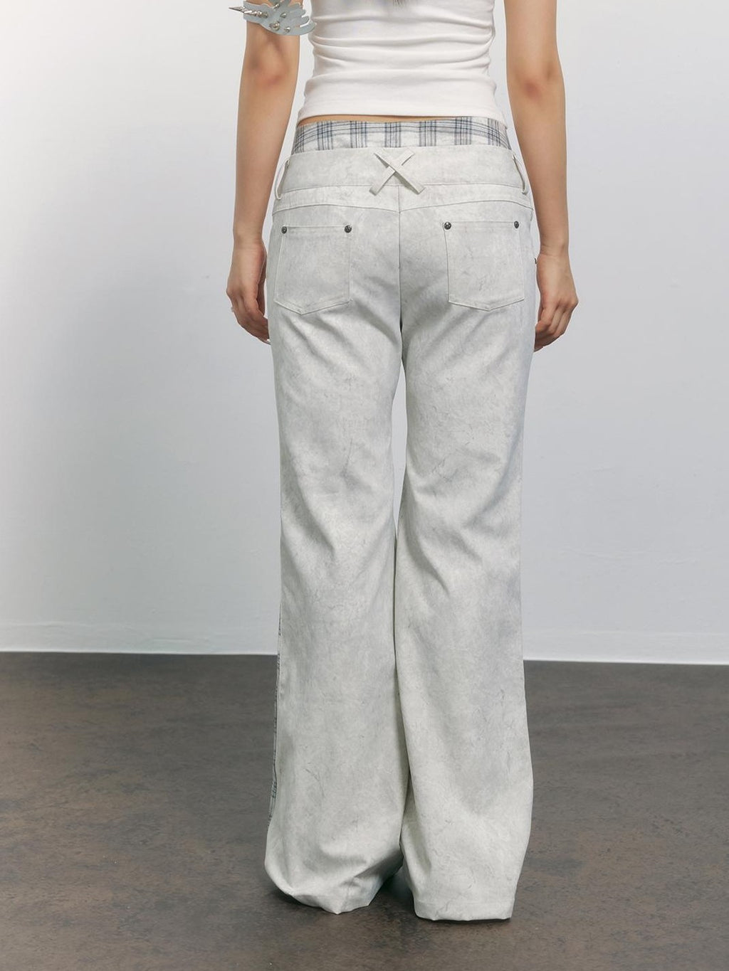 TOOOLAZY Vintage Plaid Patchwork Rivet Micro Flare Women's Polyester Bootcut Jeans