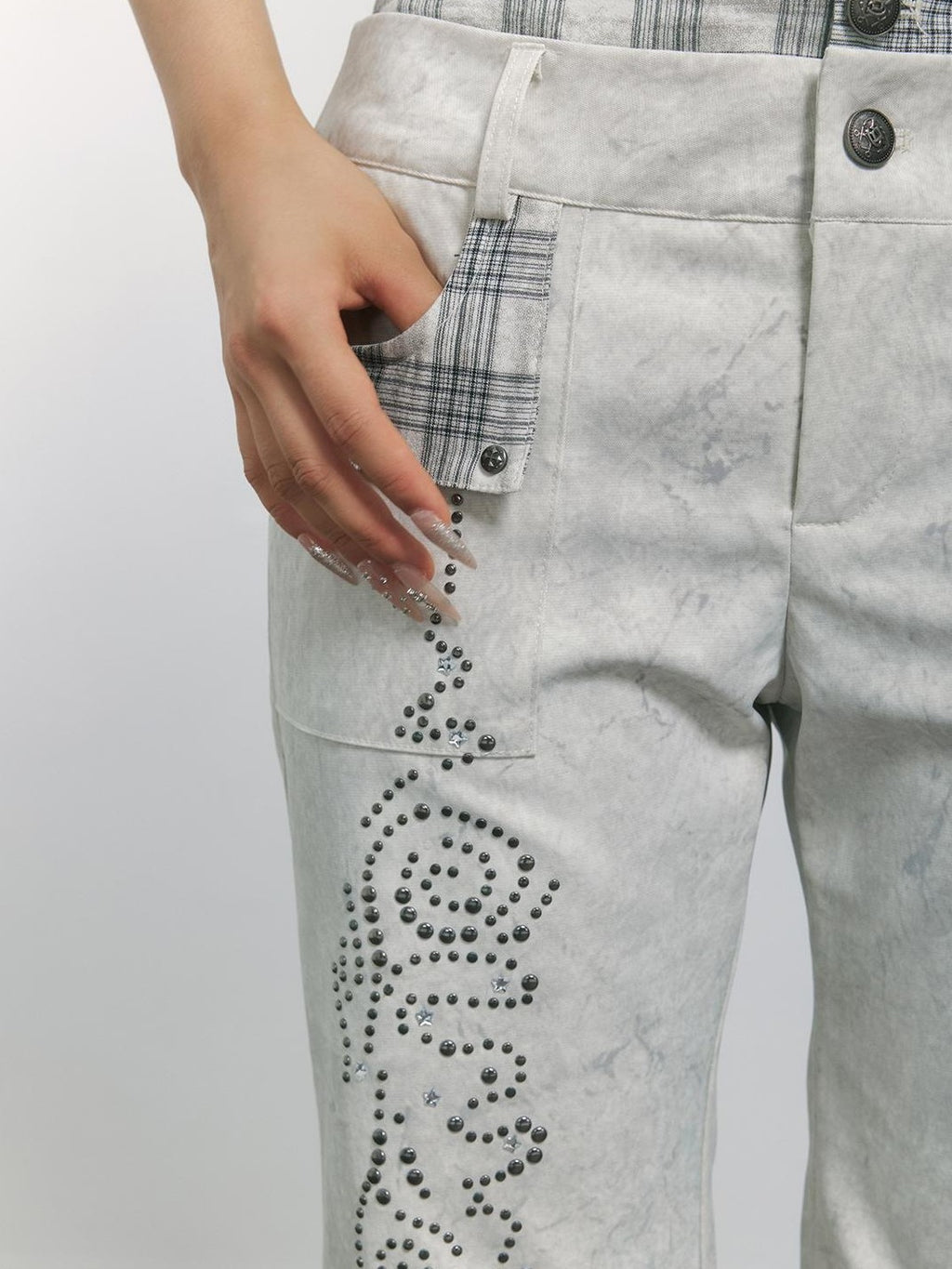TOOOLAZY Vintage Plaid Patchwork Rivet Micro Flare Women's Polyester Bootcut Jeans