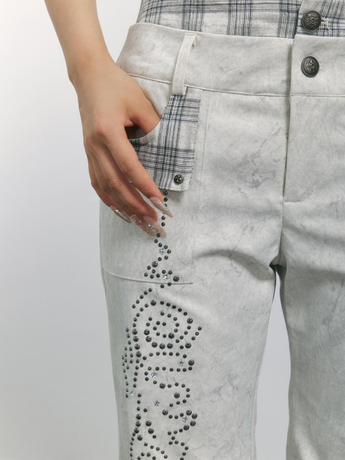 TOOOLAZY Vintage Plaid Patchwork Rivet Micro Flare Women's Polyester Bootcut Jeans