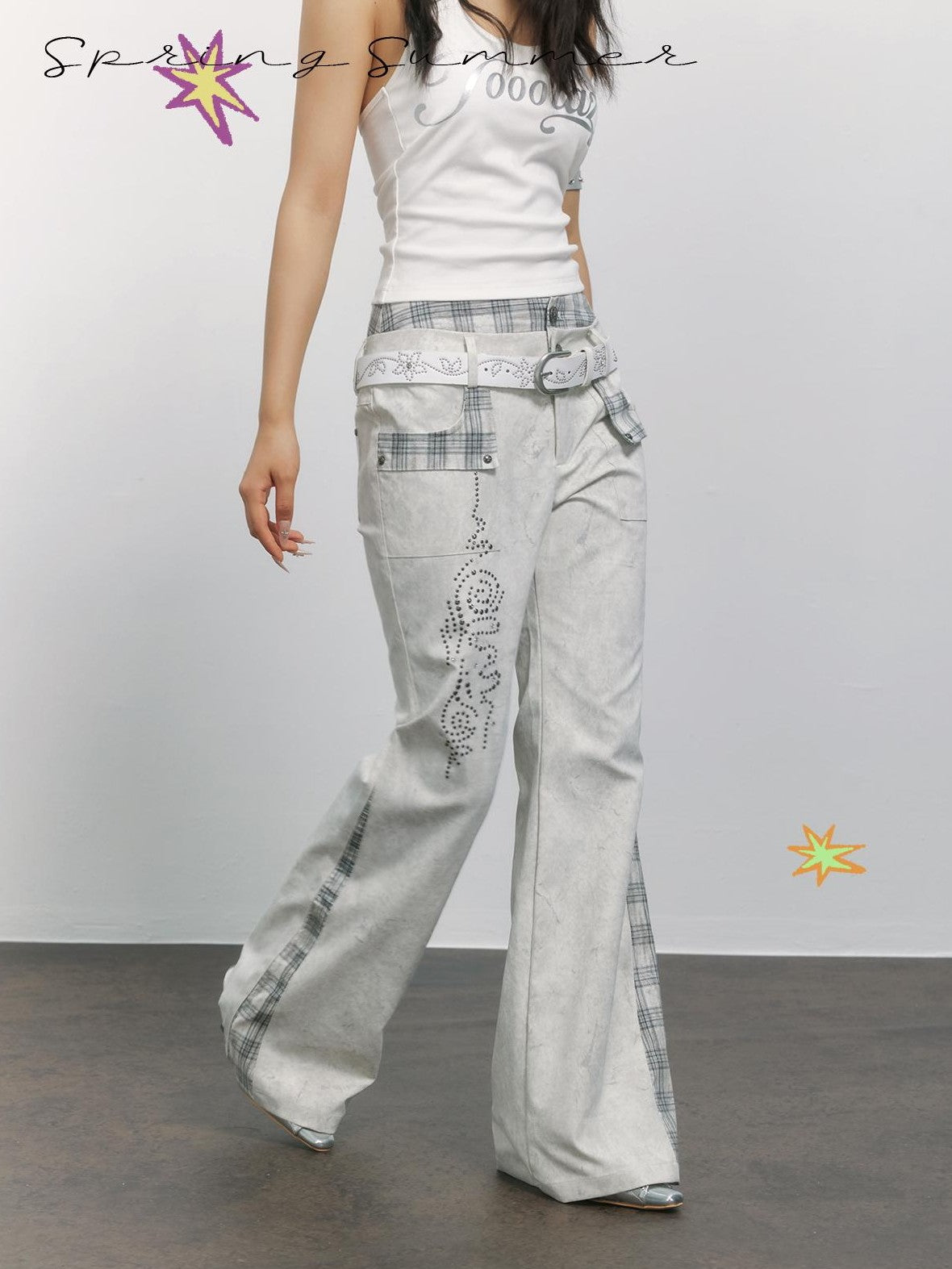 TOOOLAZY Vintage Plaid Patchwork Rivet Micro Flare Women's Polyester Bootcut Jeans