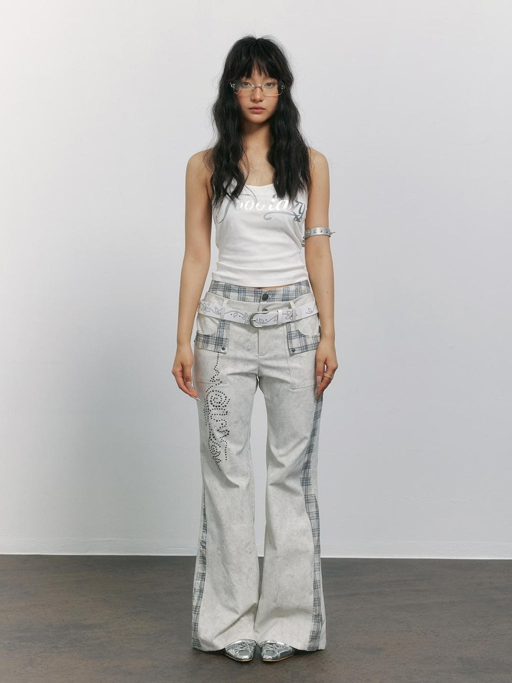 TOOOLAZY Vintage Plaid Patchwork Rivet Micro Flare Women's Polyester Bootcut Jeans