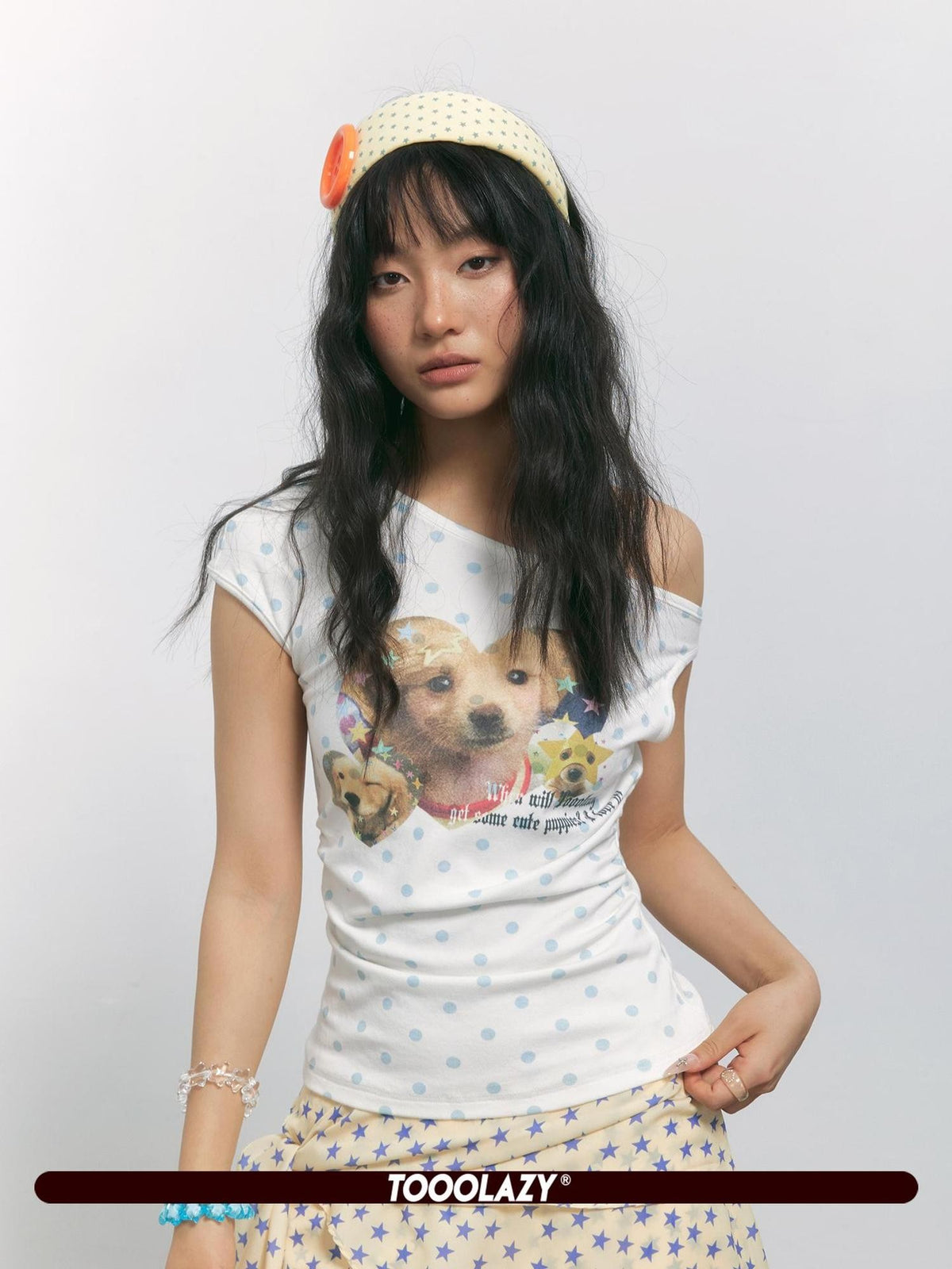 TOOOLAZY Vintage Polka Dot Dog Print Slanted Neck Women's Viscose Off-shoulder T-shirts