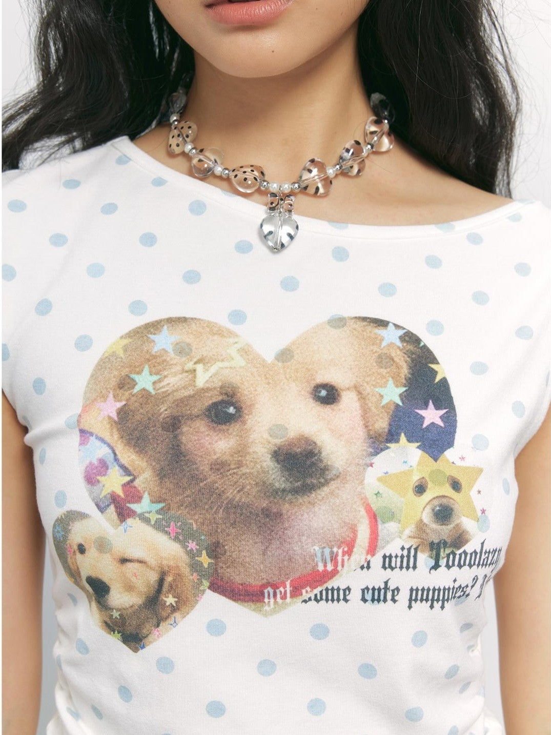 TOOOLAZY Vintage Polka Dot Dog Print Slanted Neck Women's Viscose Off-shoulder T-shirts