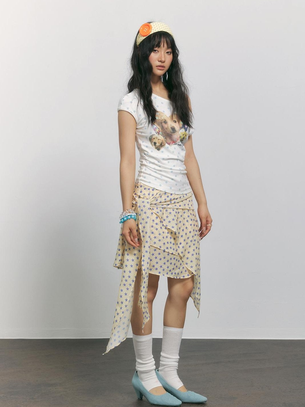 TOOOLAZY Vintage Polka Dot Dog Print Slanted Neck Women's Viscose Off-shoulder T-shirts