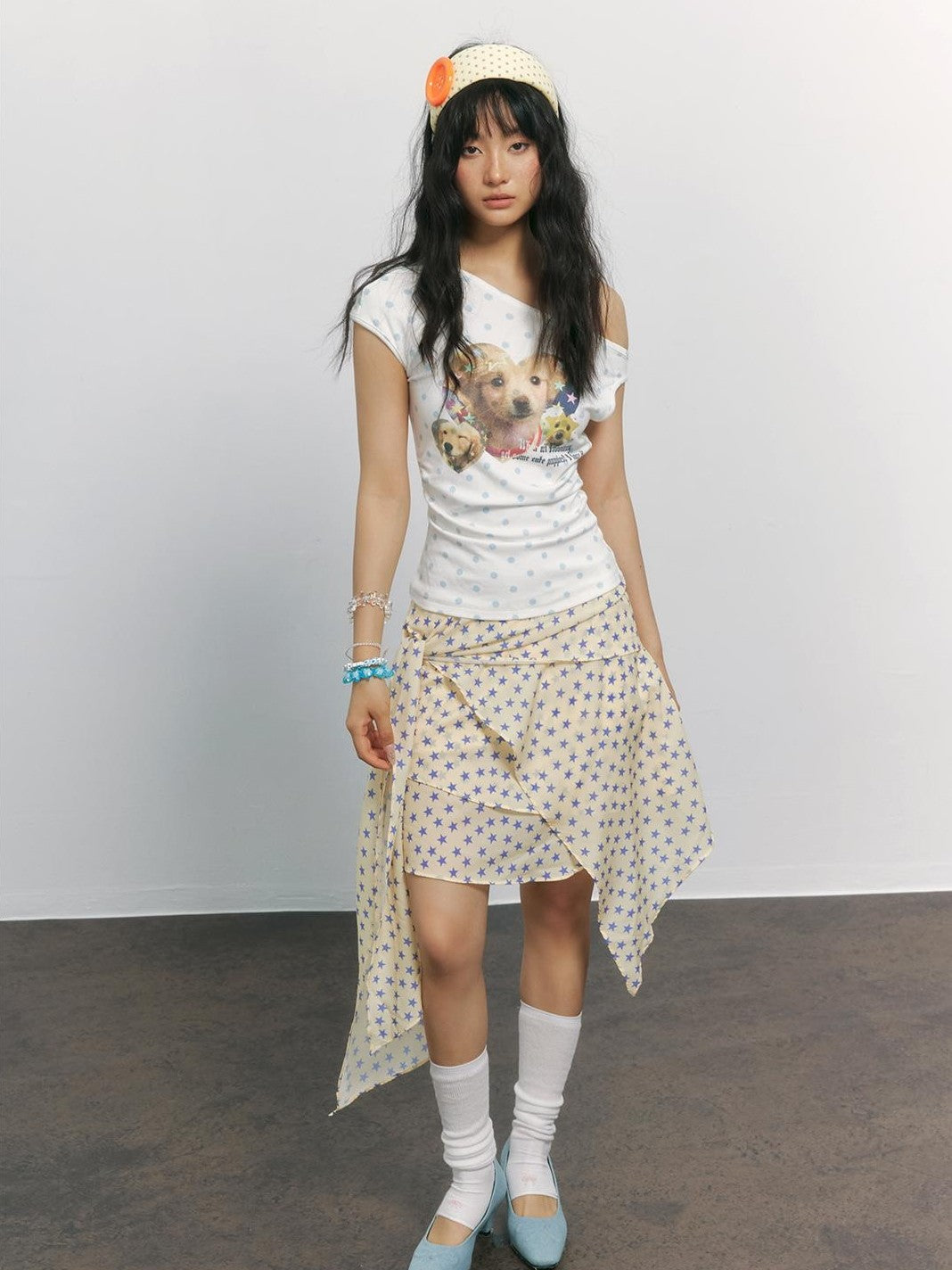 TOOOLAZY Vintage Polka Dot Dog Print Slanted Neck Women's Viscose Off-shoulder T-shirts