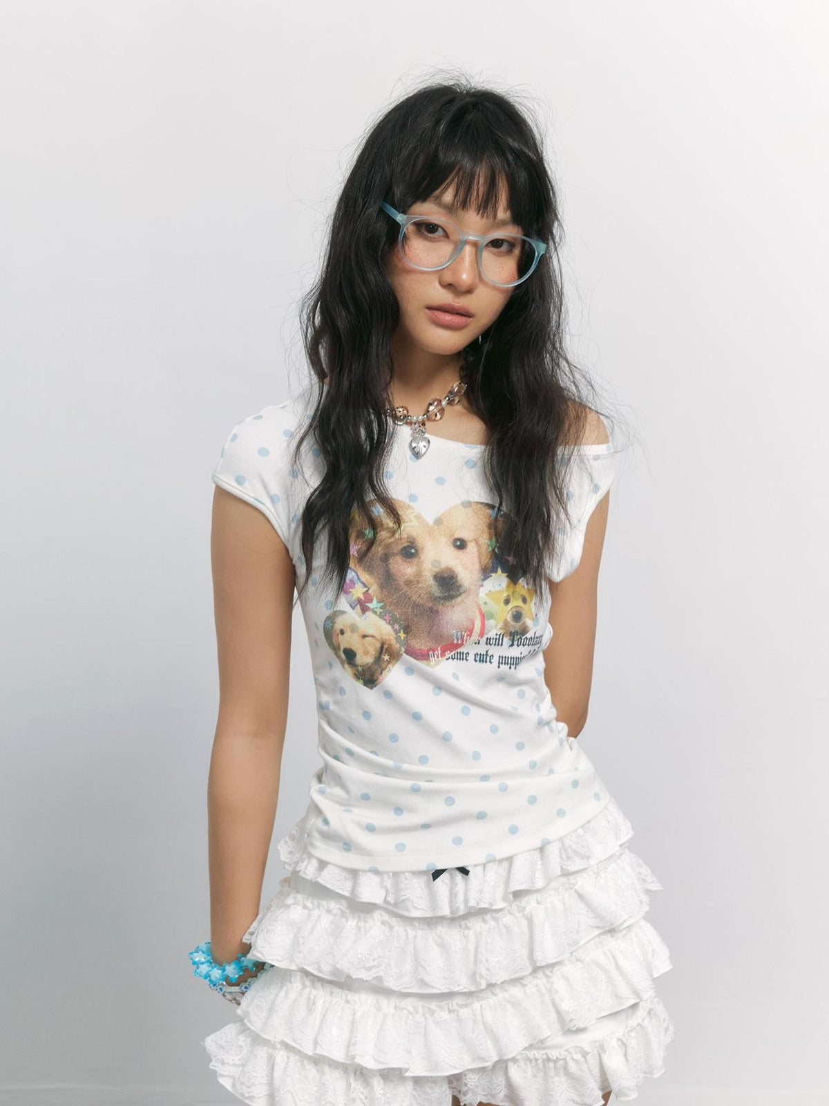 TOOOLAZY Vintage Polka Dot Dog Print Slanted Neck Women's Viscose Off-shoulder T-shirts