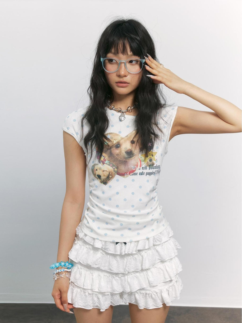 TOOOLAZY Vintage Polka Dot Dog Print Slanted Neck Women's Viscose Off-shoulder T-shirts