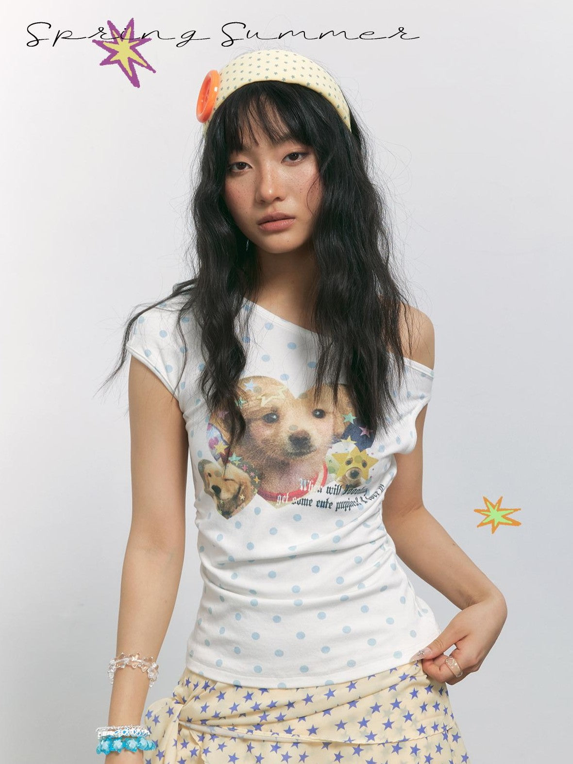 TOOOLAZY Vintage Polka Dot Dog Print Slanted Neck Women's Viscose Off-shoulder T-shirts