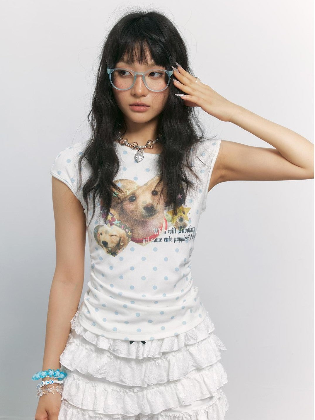 TOOOLAZY Vintage Polka Dot Dog Print Slanted Neck Women's Viscose Off-shoulder T-shirts