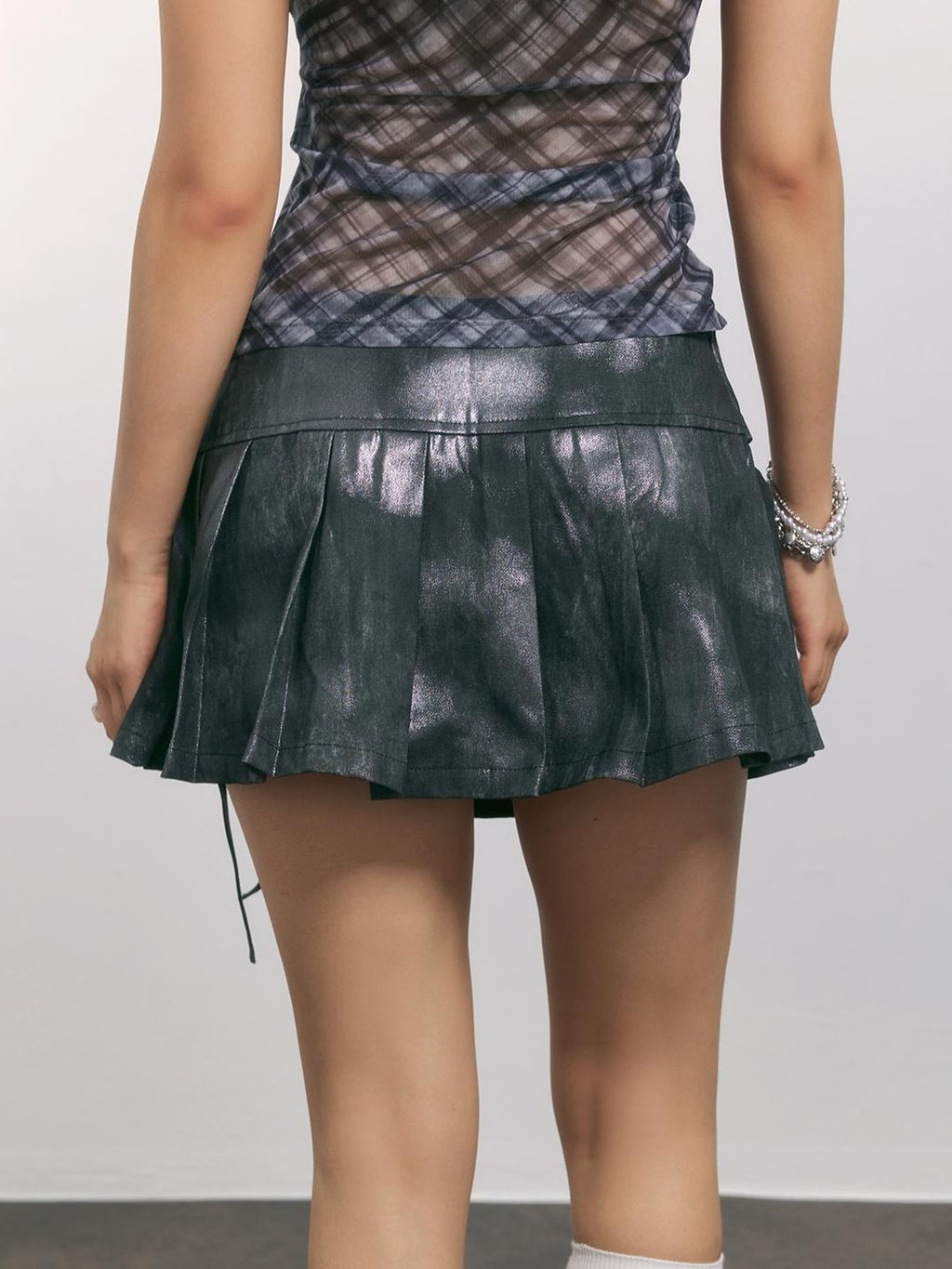 TOOOLAZY Vintage Silvered Distressed Pleated High Waist Tie Women's Cotton Mini Skirts