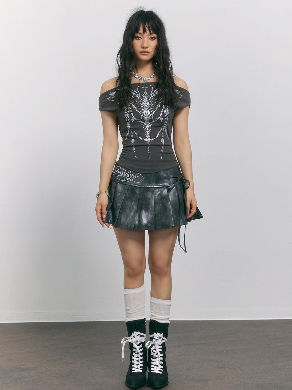 TOOOLAZY Vintage Silvered Distressed Pleated High Waist Tie Women's Cotton Mini Skirts